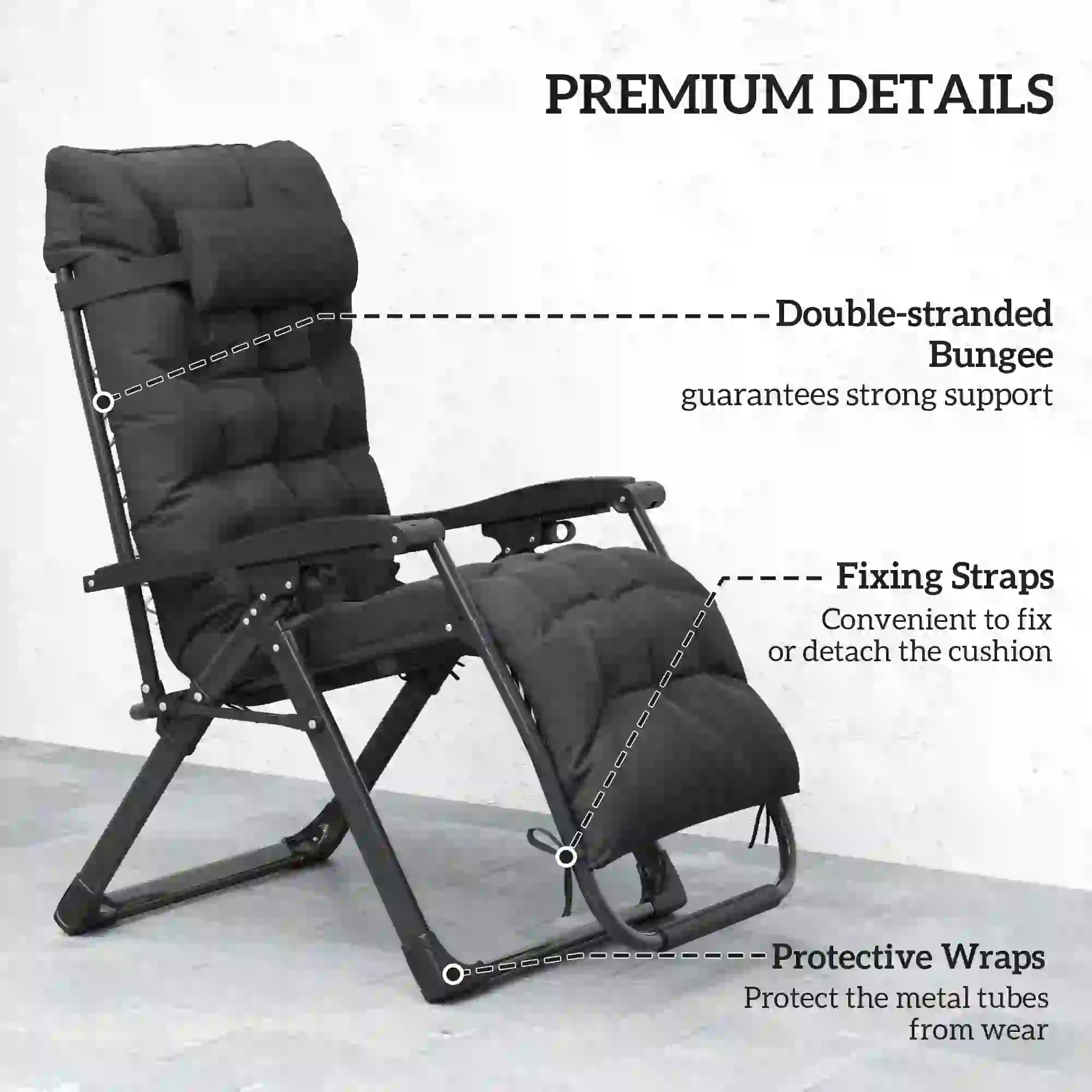 Folding Reclining Zero Gravity Sun Lounger Chair, Black - Image 7
