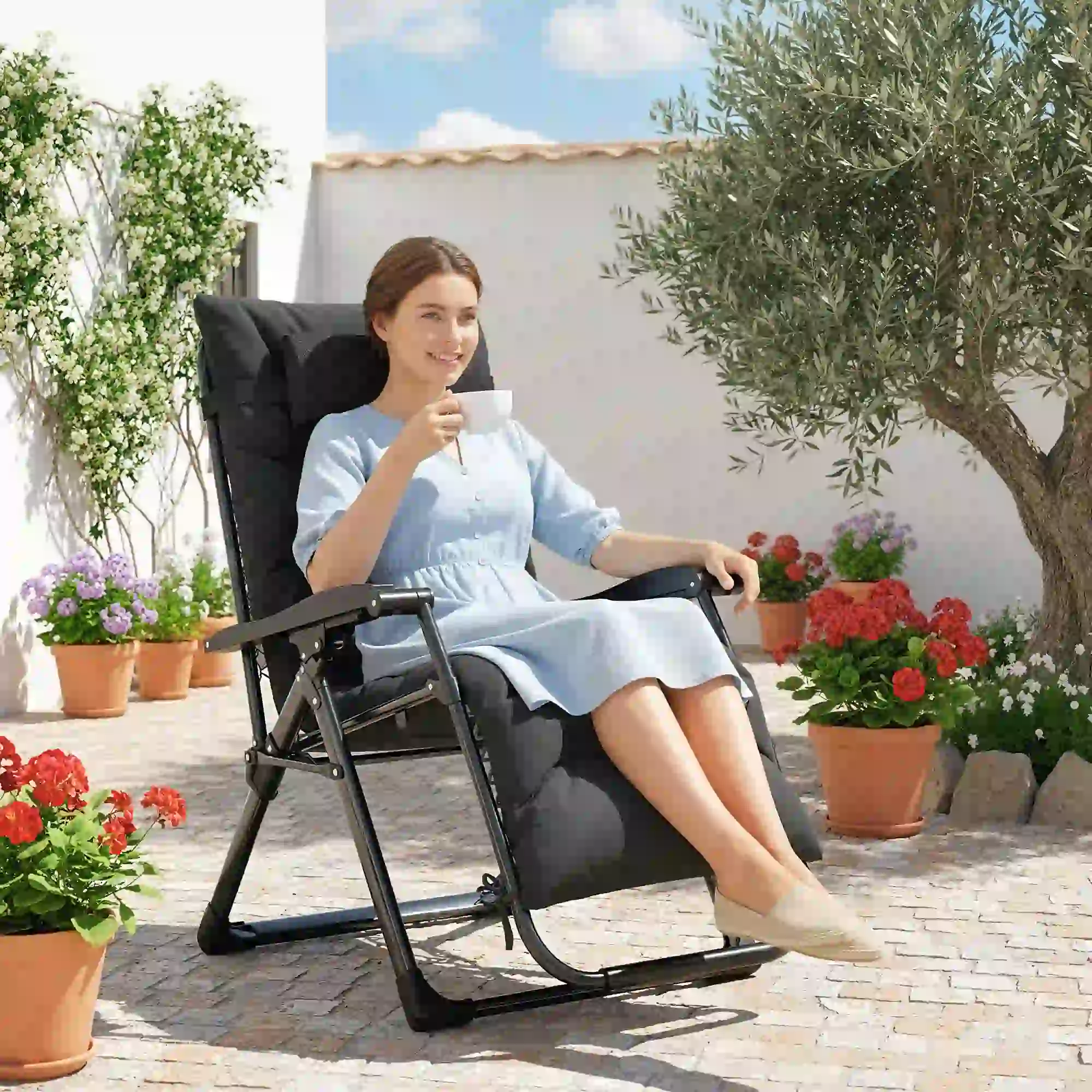 Folding Reclining Zero Gravity Sun Lounger Chair, Black - Image 8