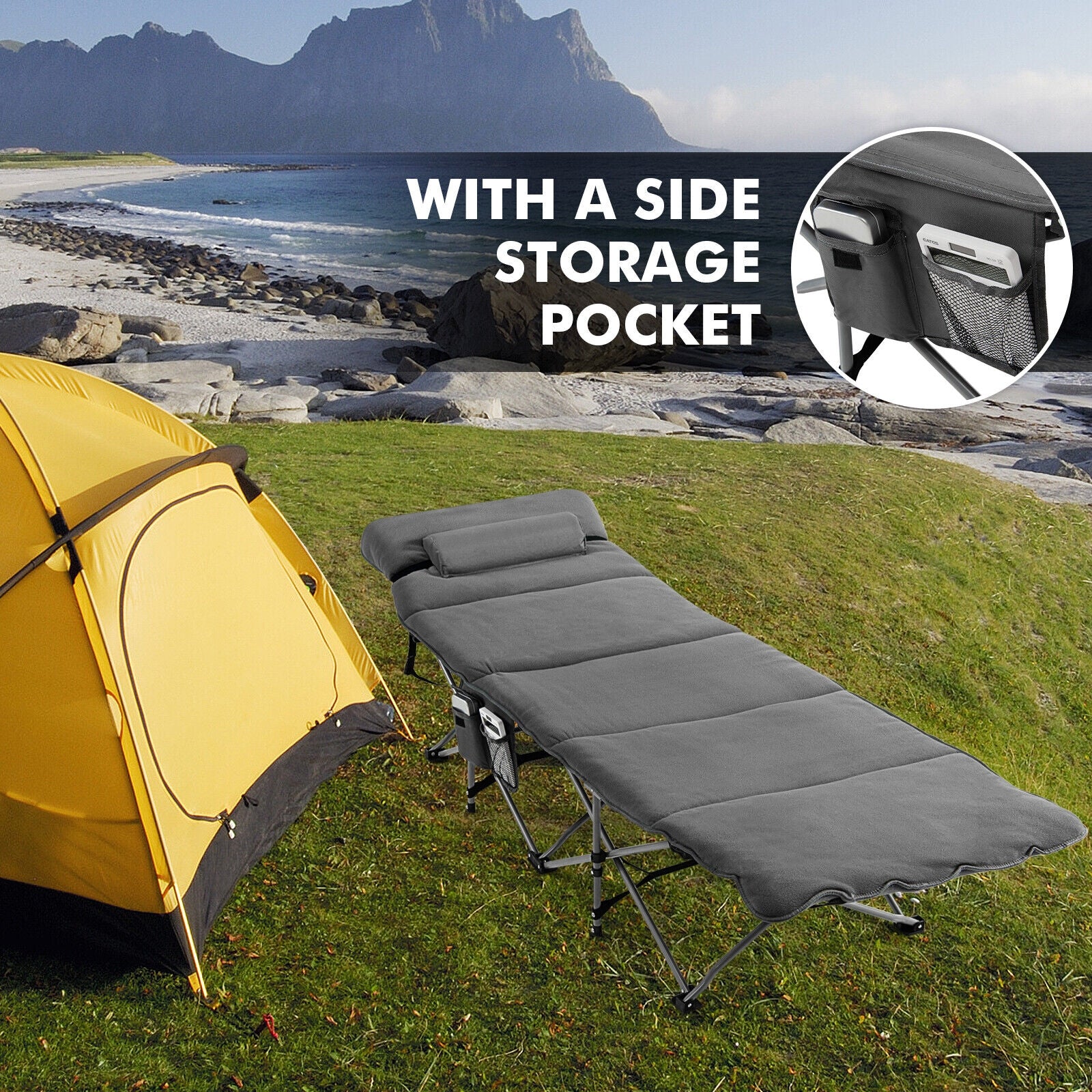 Folding Retractable Camping Cot With Mattress, Carry Bag, Gray - Image 3