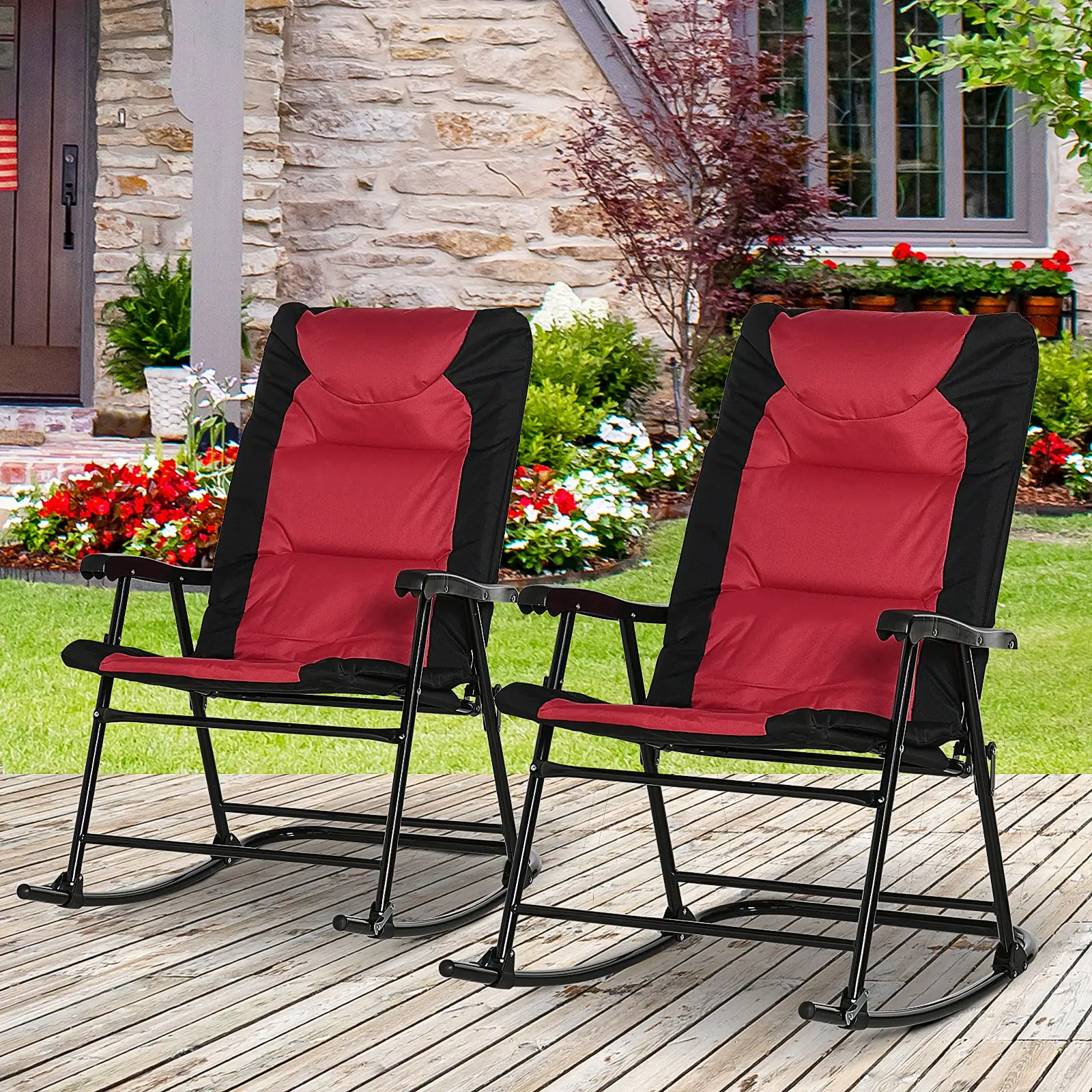 Folding Rocking Chair Set of 2, Padded, Armrest, Black, Red - Image 2