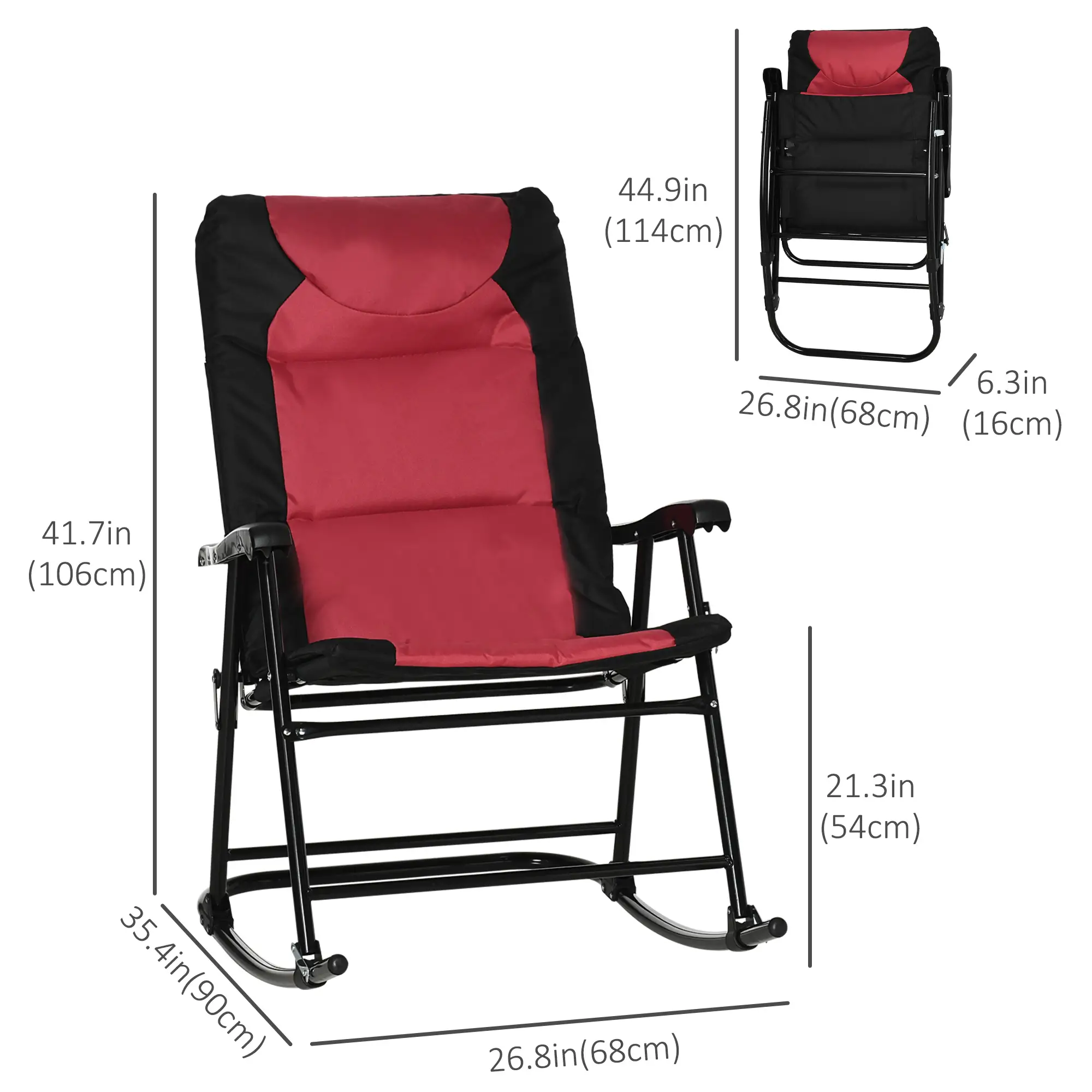 Folding Rocking Chair Set of 2, Padded, Armrest, Black, Red - Image 3