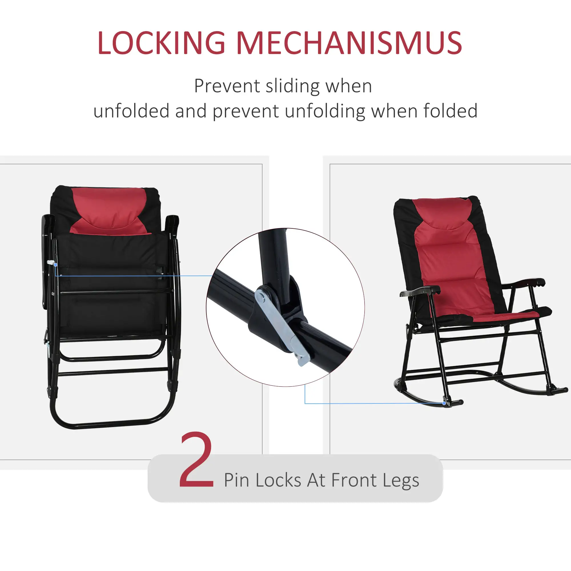 Folding Rocking Chair Set of 2, Padded, Armrest, Black, Red - Image 5