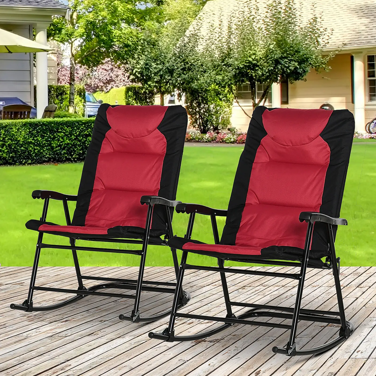 Folding Rocking Chair Set of 2, Padded, Armrest, Black, Red - Image 8