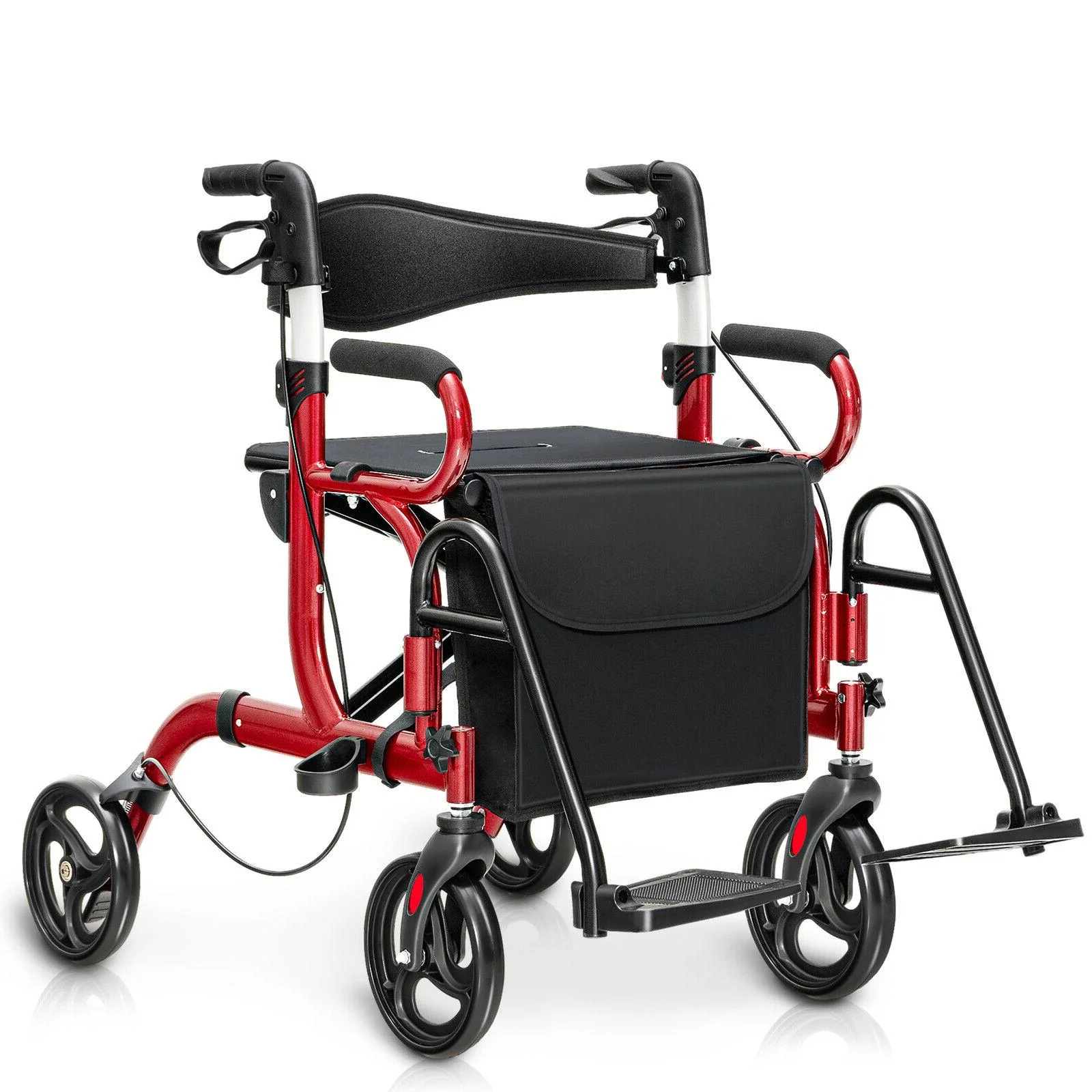 Folding Rollator Walker, 8-inch Wheels, Seat, Red