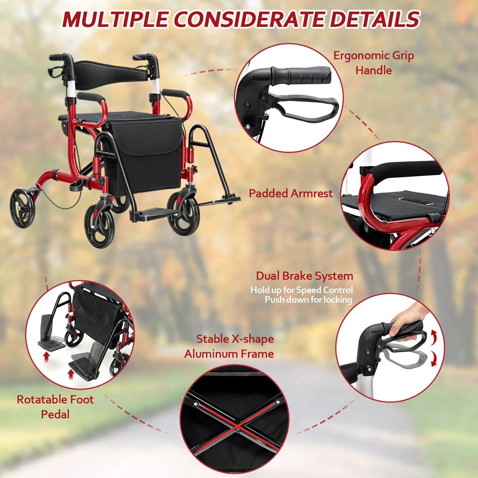 Folding Rollator Walker, 8-inch Wheels, Seat, Red - Image 10