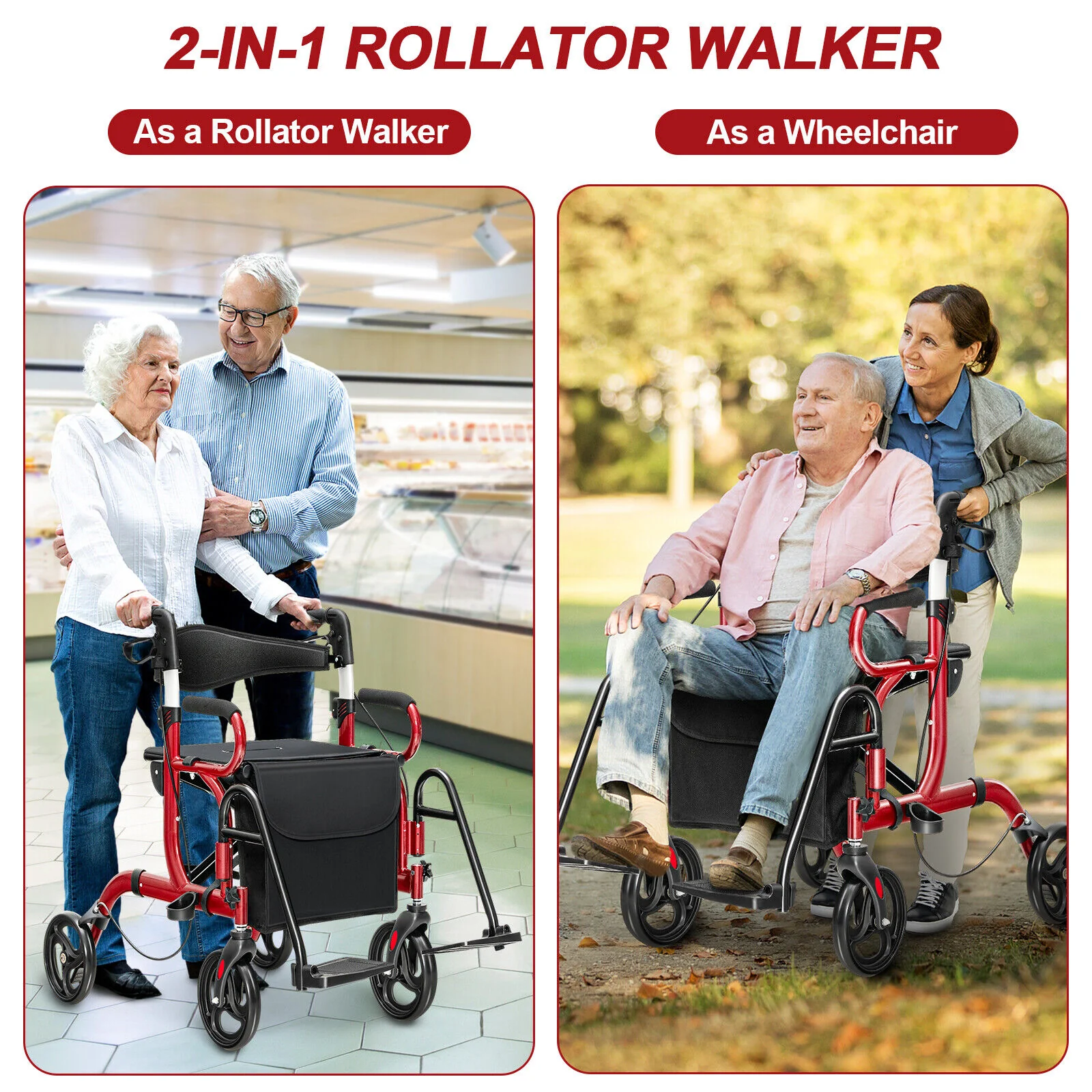 Folding Rollator Walker, 8-inch Wheels, Seat, Red - Image 3