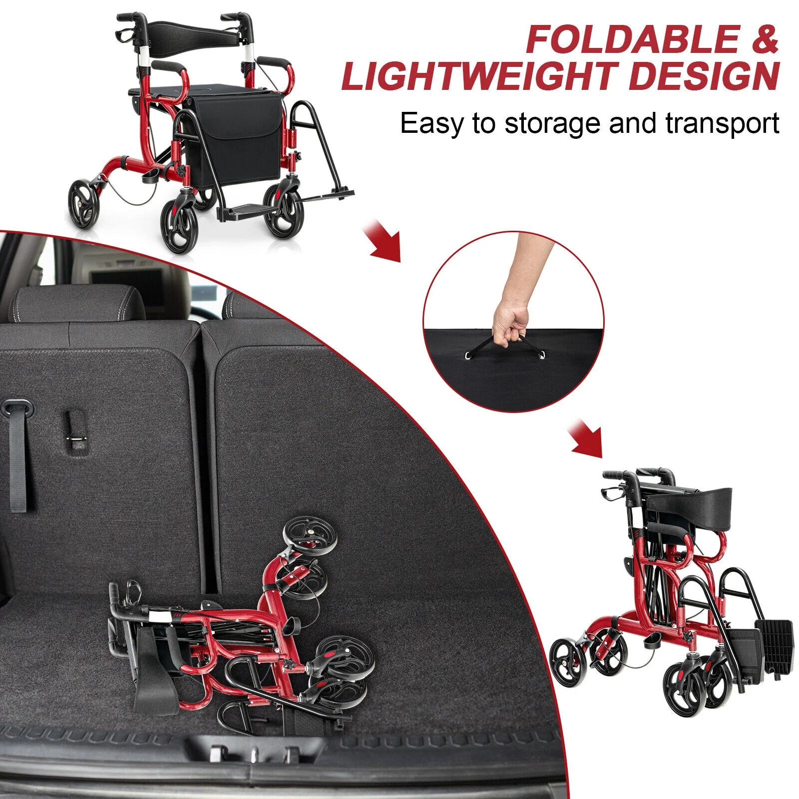 Folding Rollator Walker, 8-inch Wheels, Seat, Red - Image 6
