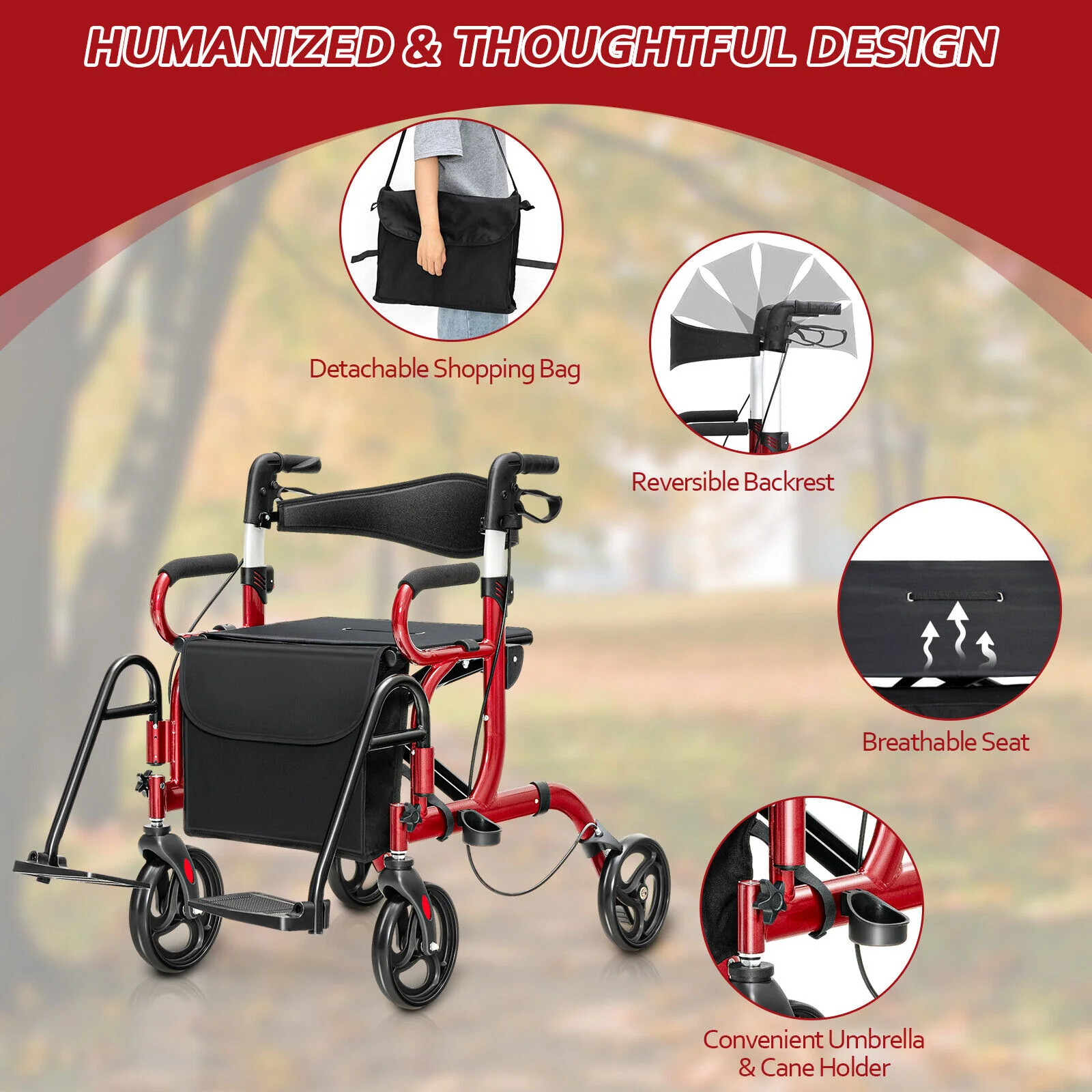 Folding Rollator Walker, 8-inch Wheels, Seat, Red - Image 9