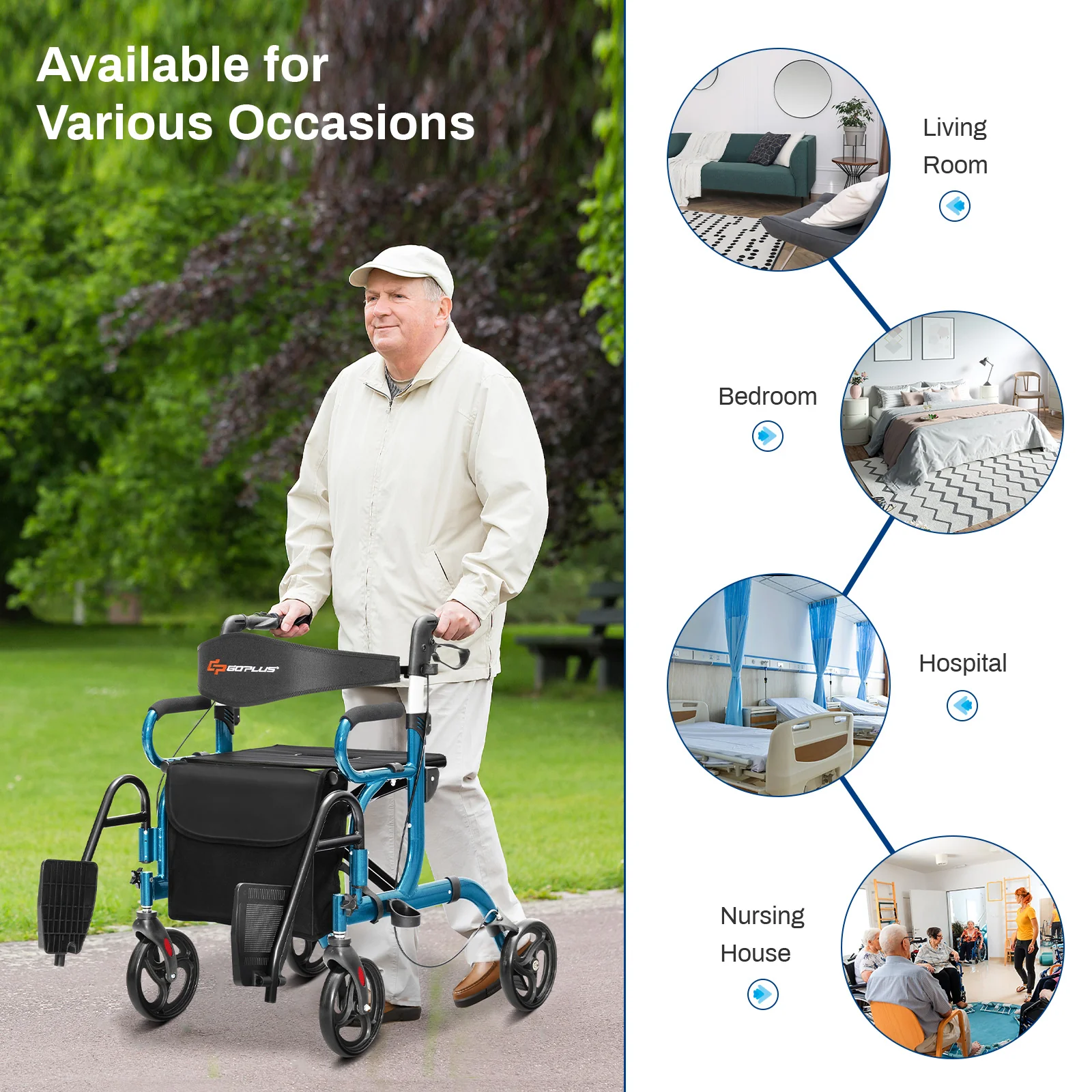 Folding Rollator Walker, 8-Inch Wheels With Seat, Navy - Image 10
