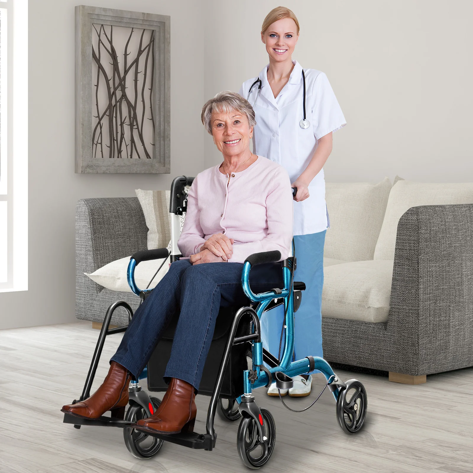 Folding Rollator Walker, 8-Inch Wheels With Seat, Navy - Image 2
