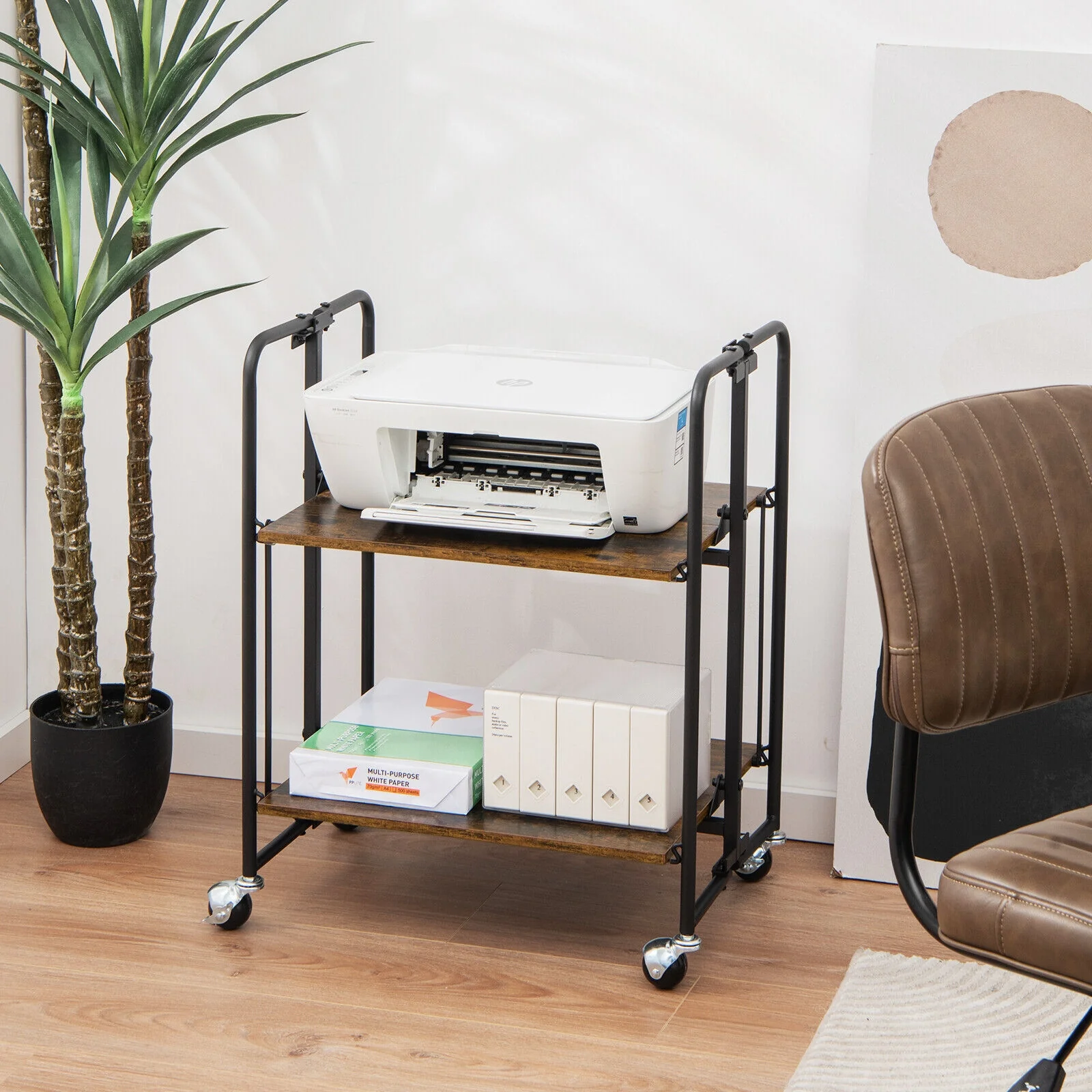Folding Rolling Cart, 2-Tier, Rustic Brown - Image 2