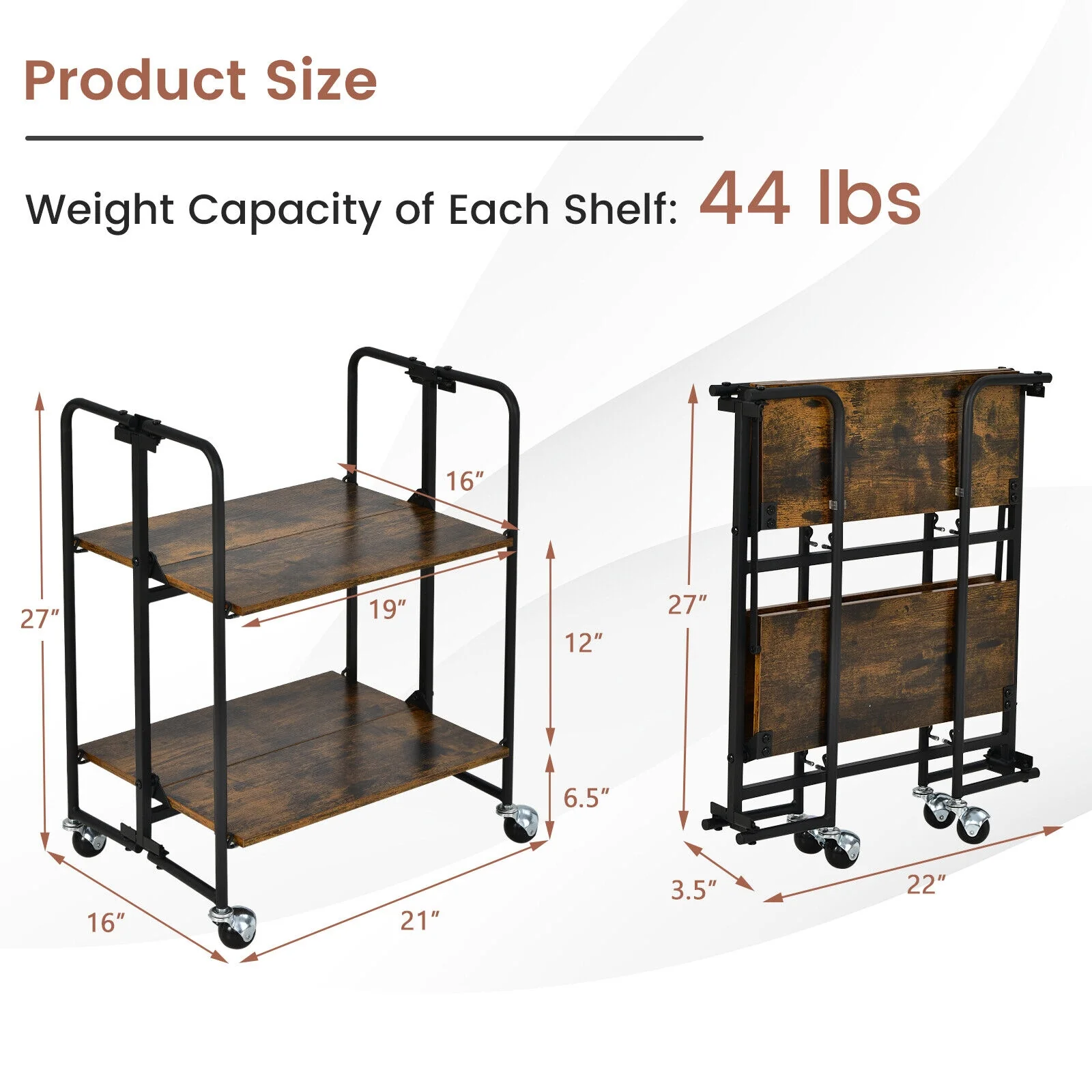 Folding Rolling Cart, 2-Tier, Rustic Brown - Image 6