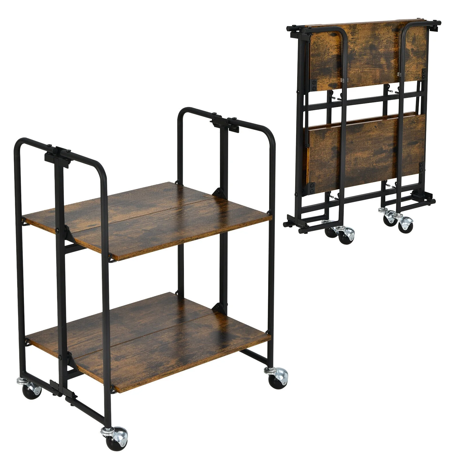 Folding Rolling Cart, 2-Tier, Rustic Brown - Image 8