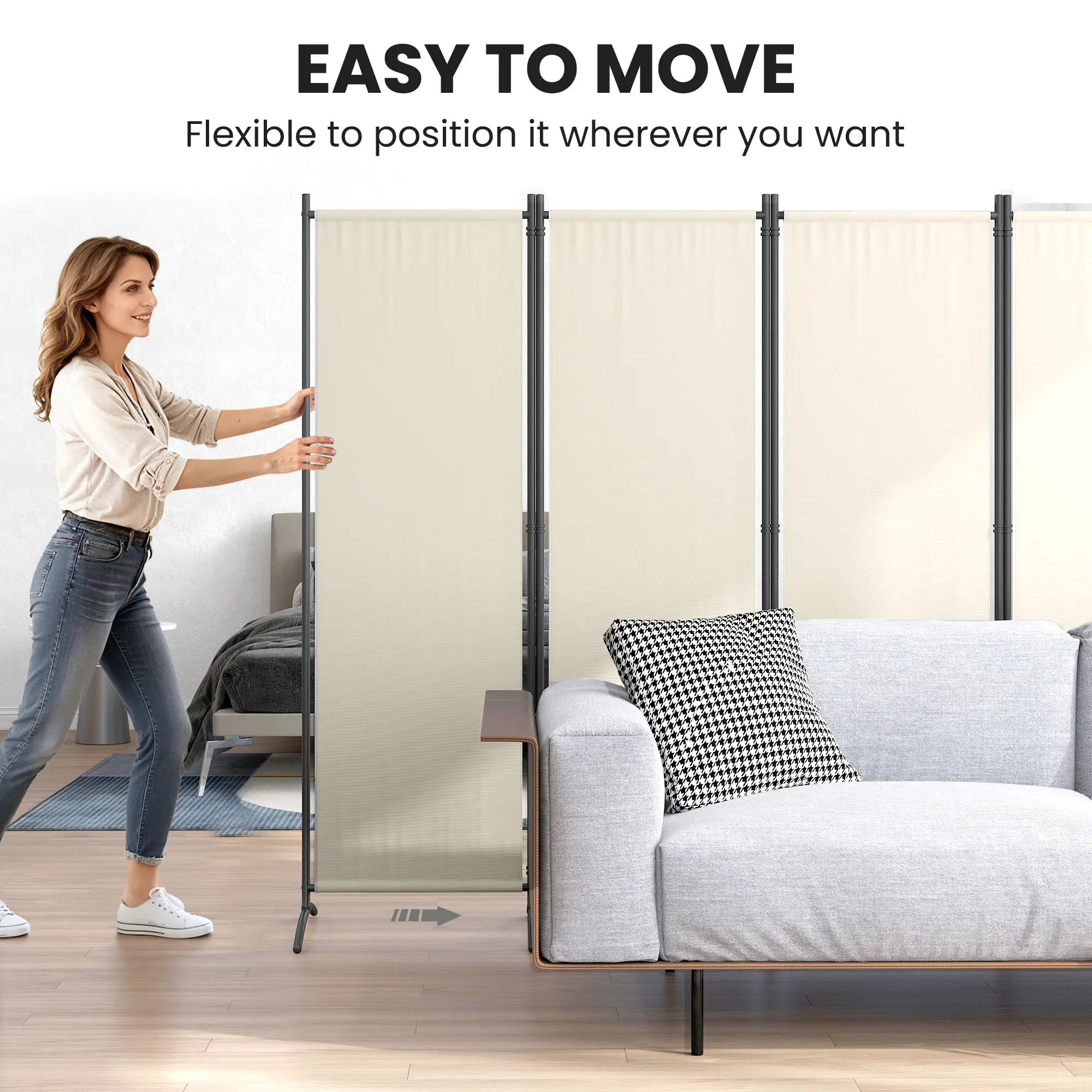 Folding Room Divider, Privacy Screen, 5.6FT Tall, Cream White - Image 5