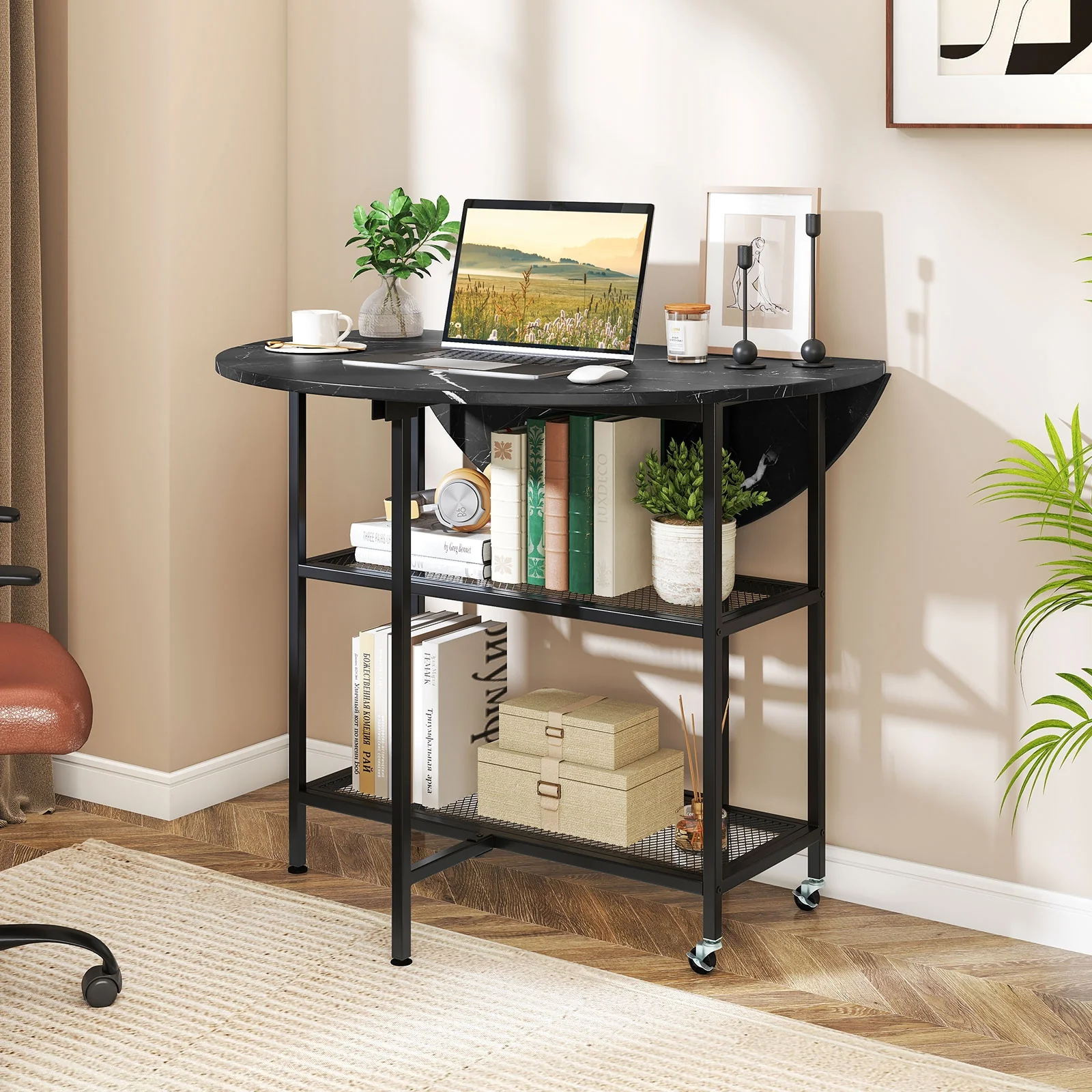 Folding Round Dining Table With Lockable Wheels, Black - Image 7