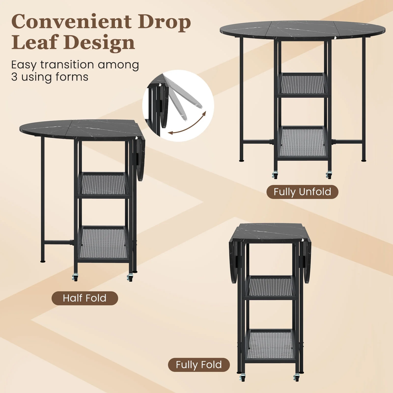 Folding Round Dining Table With Lockable Wheels, Black - Image 9