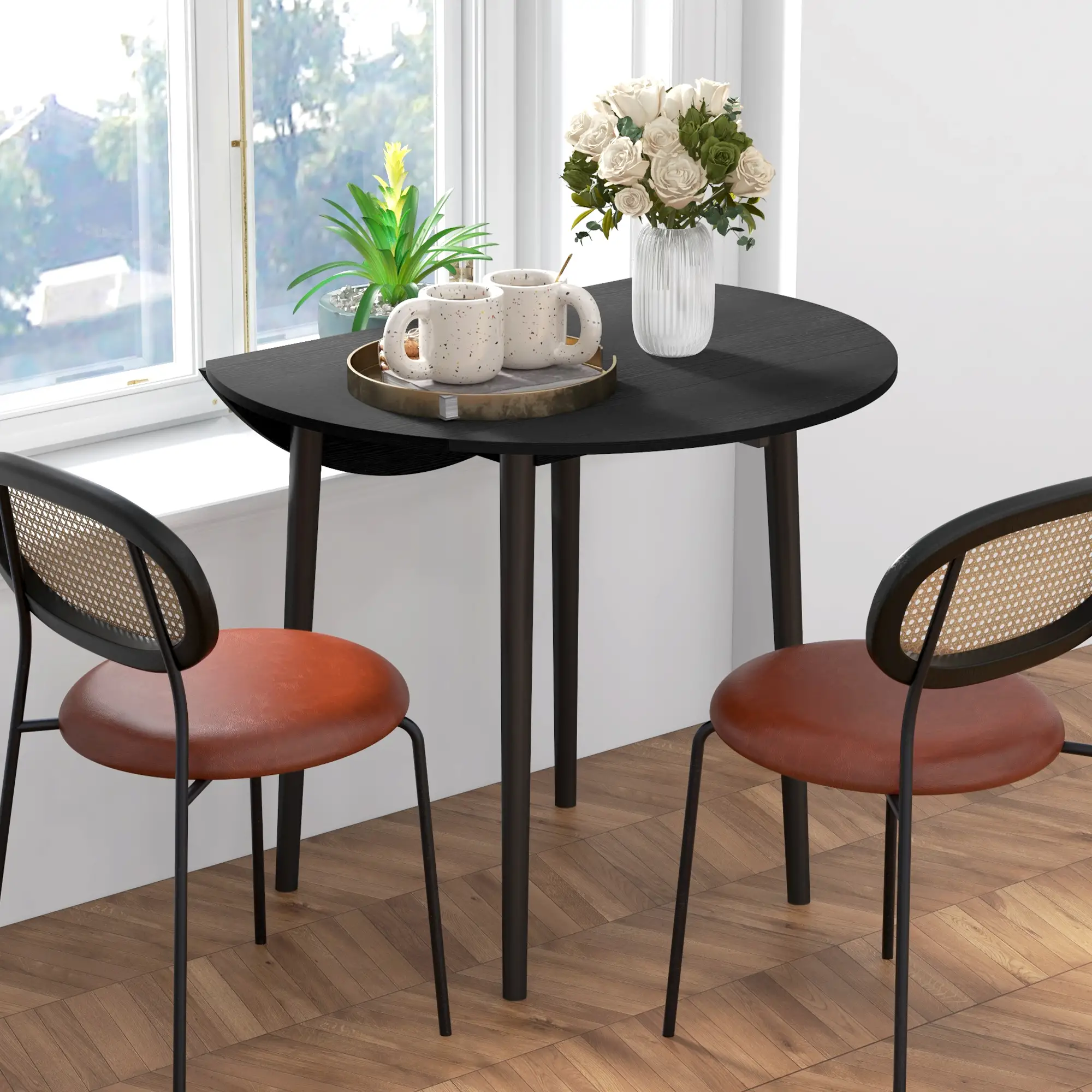 Folding Round Drop Leaf Dining Table, Wood Legs, Distressed Black, Black - Image 9