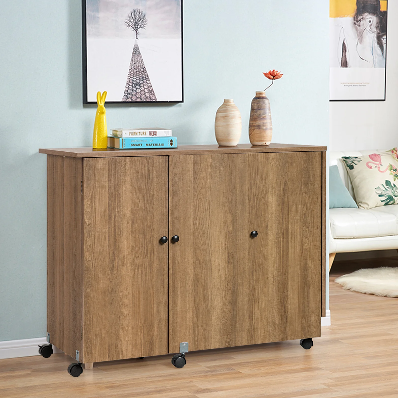 Folding Sewing Table, Storage Cabinet, Craft Cart With Wheels, Natural - Image 3