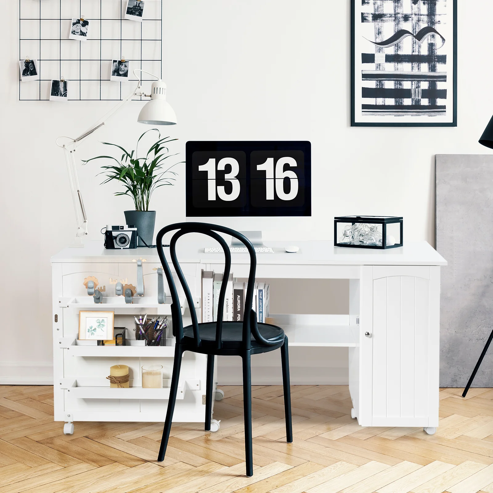 Folding Sewing Table Shelves Storage Cabinet Craft Cart with Wheels, White - Image 2