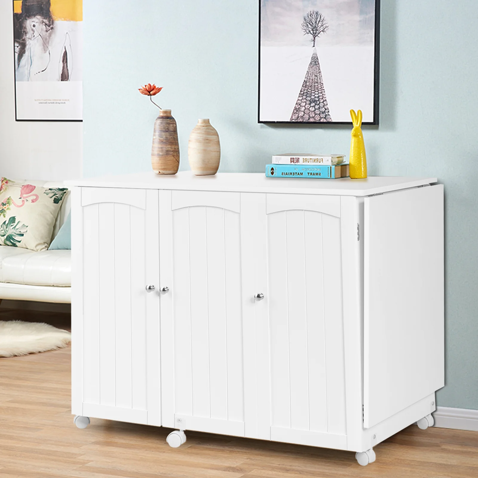 Folding Sewing Table Shelves Storage Cabinet Craft Cart with Wheels, White - Image 7