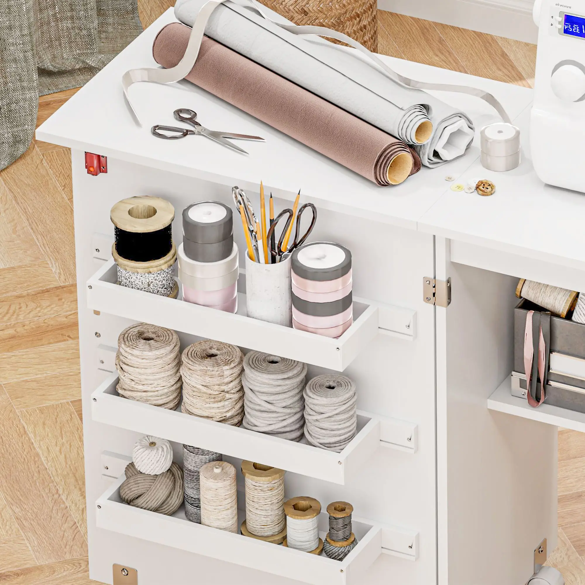 Folding Sewing Table with Storage, Lockable Wheels, White - Image 10