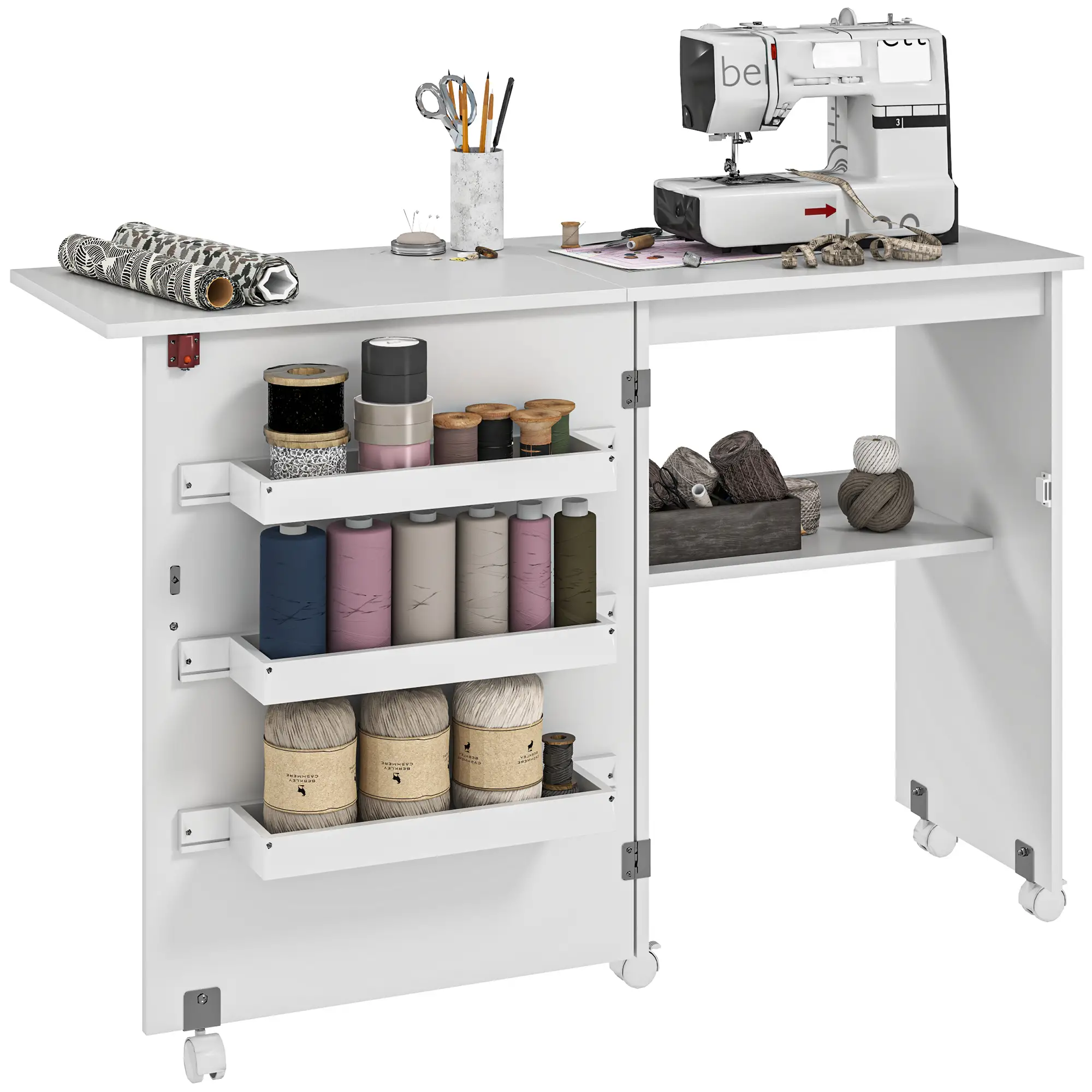 Folding Sewing Table with Storage, Lockable Wheels, White - Image 11