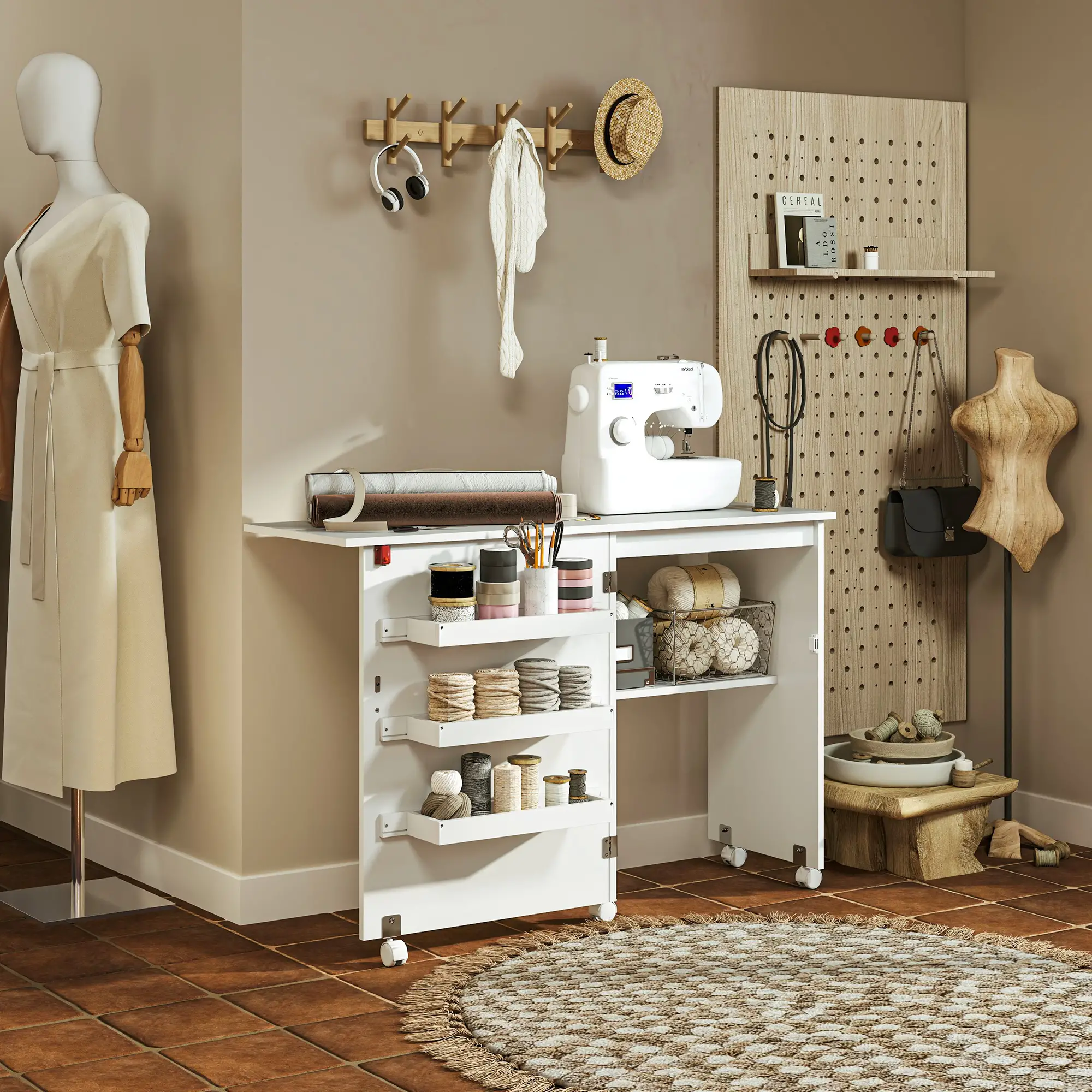 Folding Sewing Table with Storage, Lockable Wheels, White - Image 2