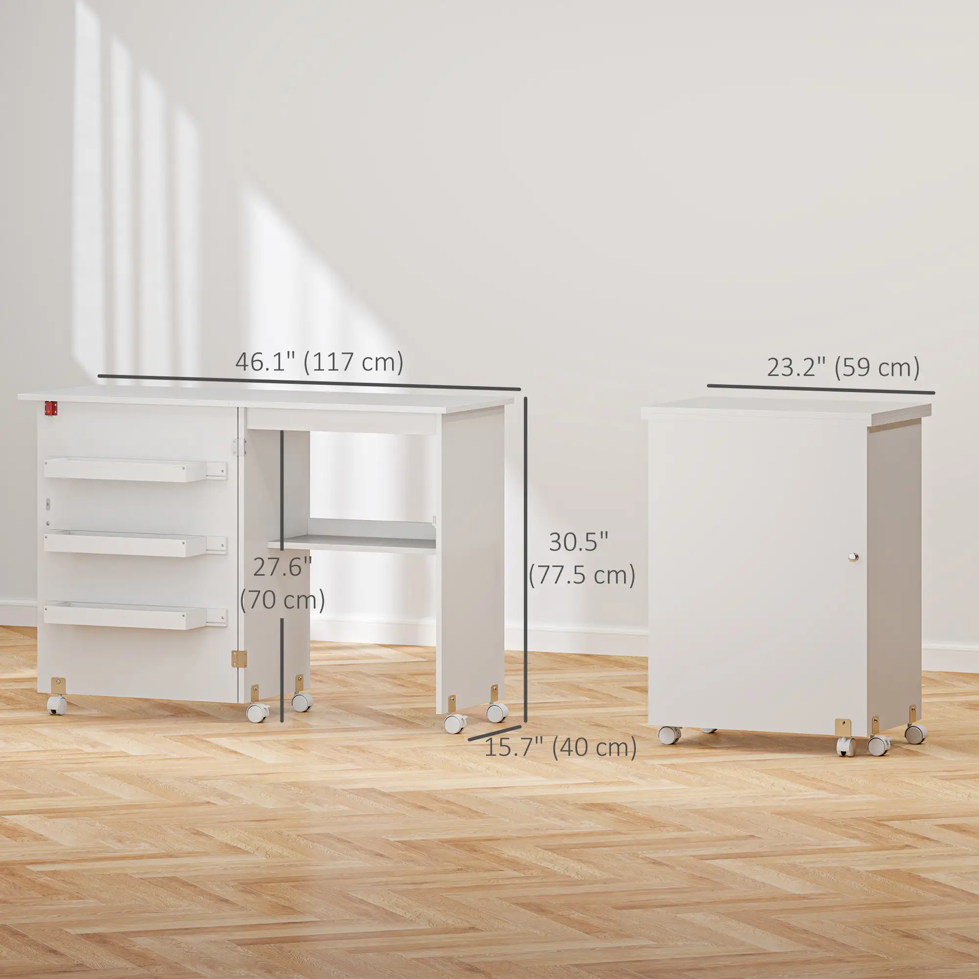 Folding Sewing Table with Storage, Lockable Wheels, White - Image 3