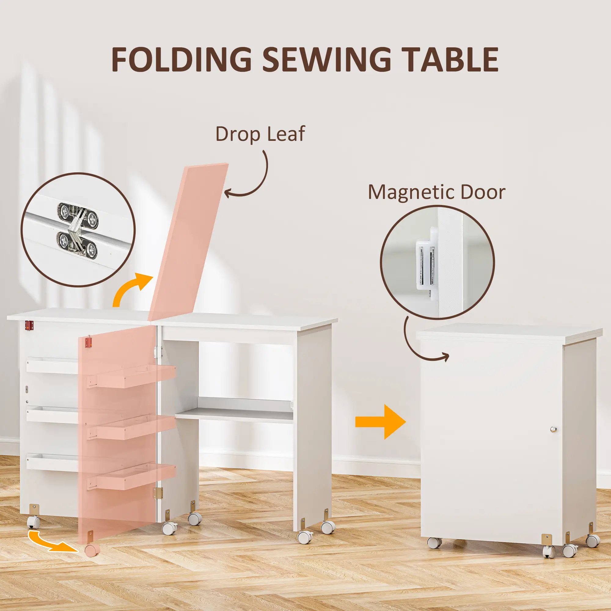 Folding Sewing Table with Storage, Lockable Wheels, White - Image 4
