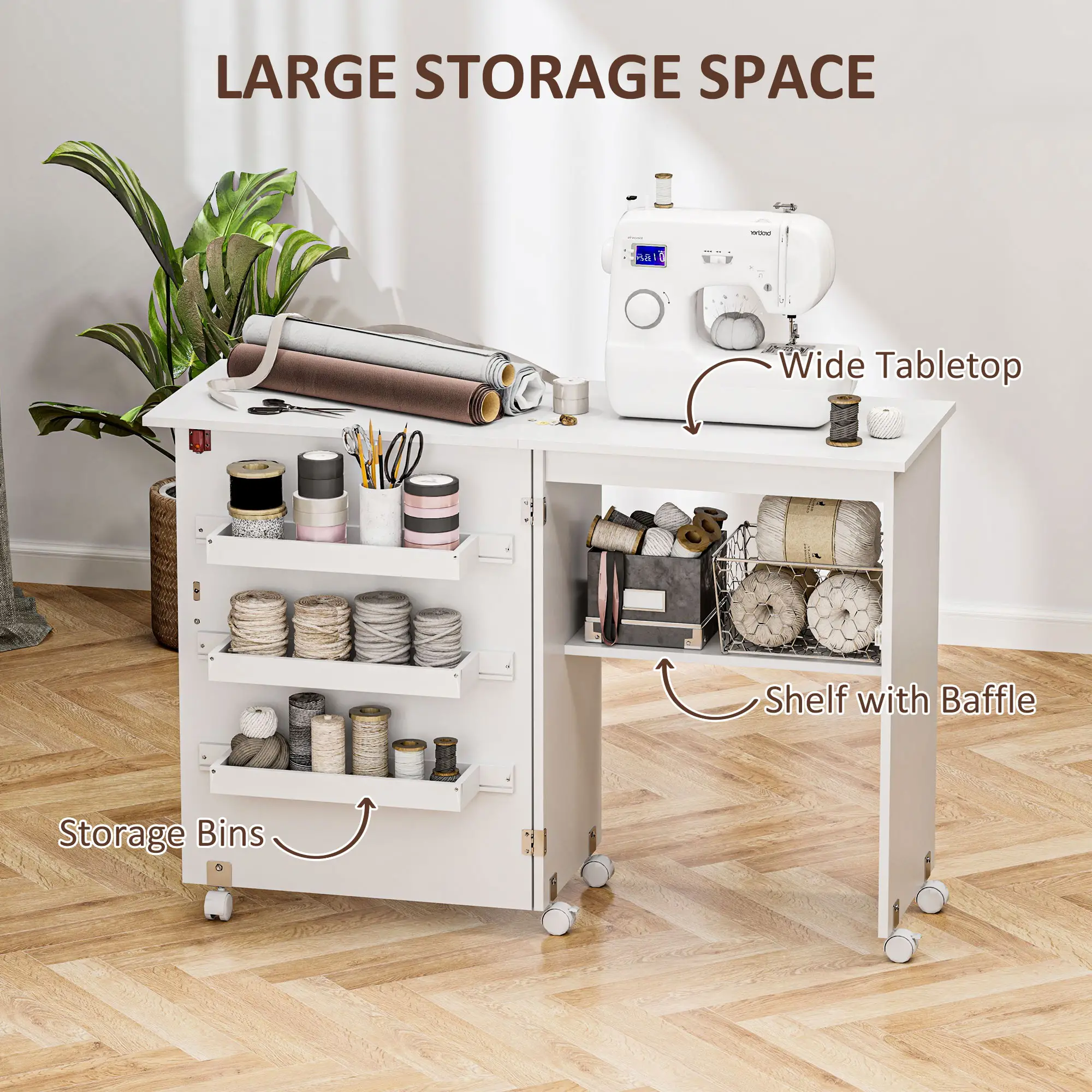 Folding Sewing Table with Storage, Lockable Wheels, White - Image 5