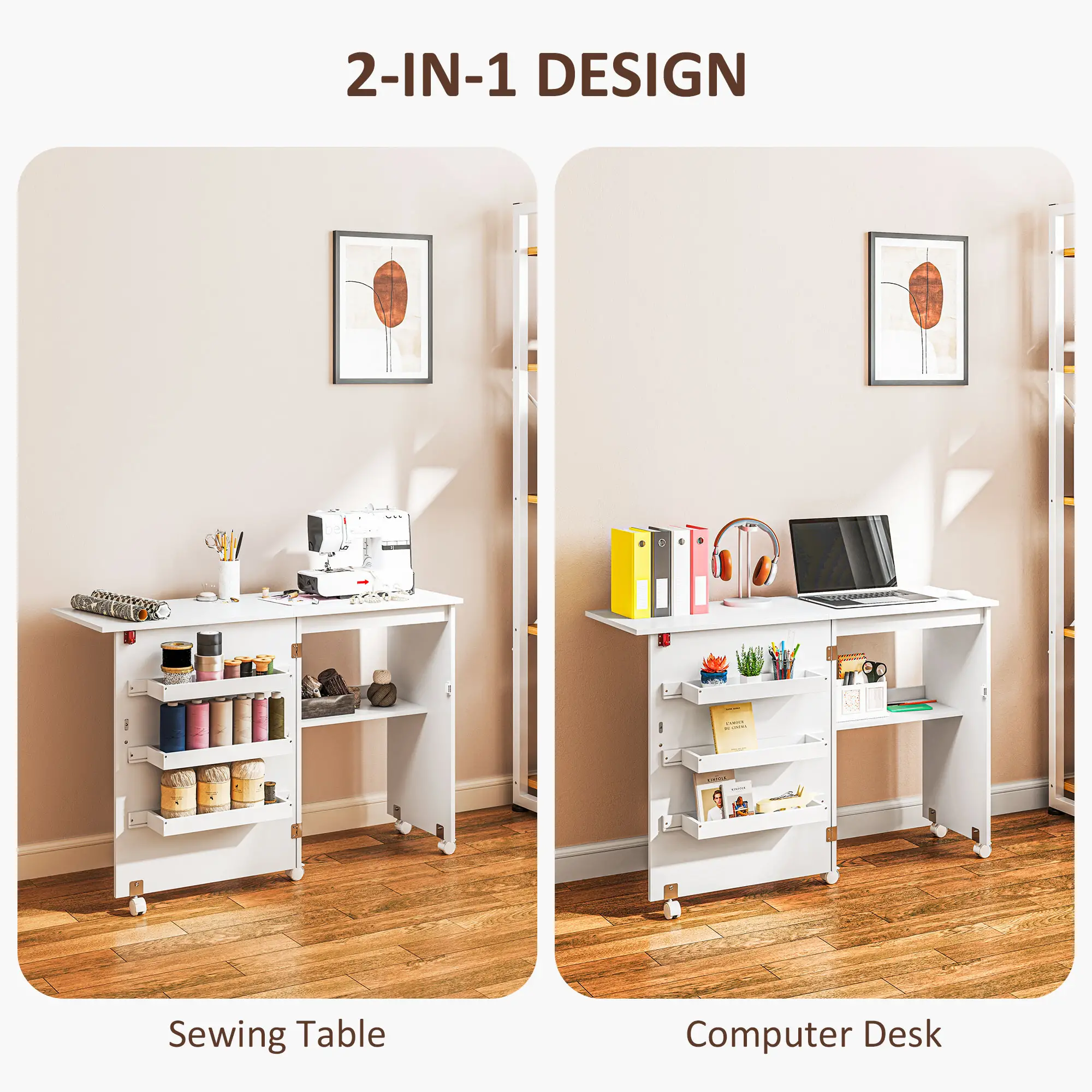 Folding Sewing Table with Storage, Lockable Wheels, White - Image 6