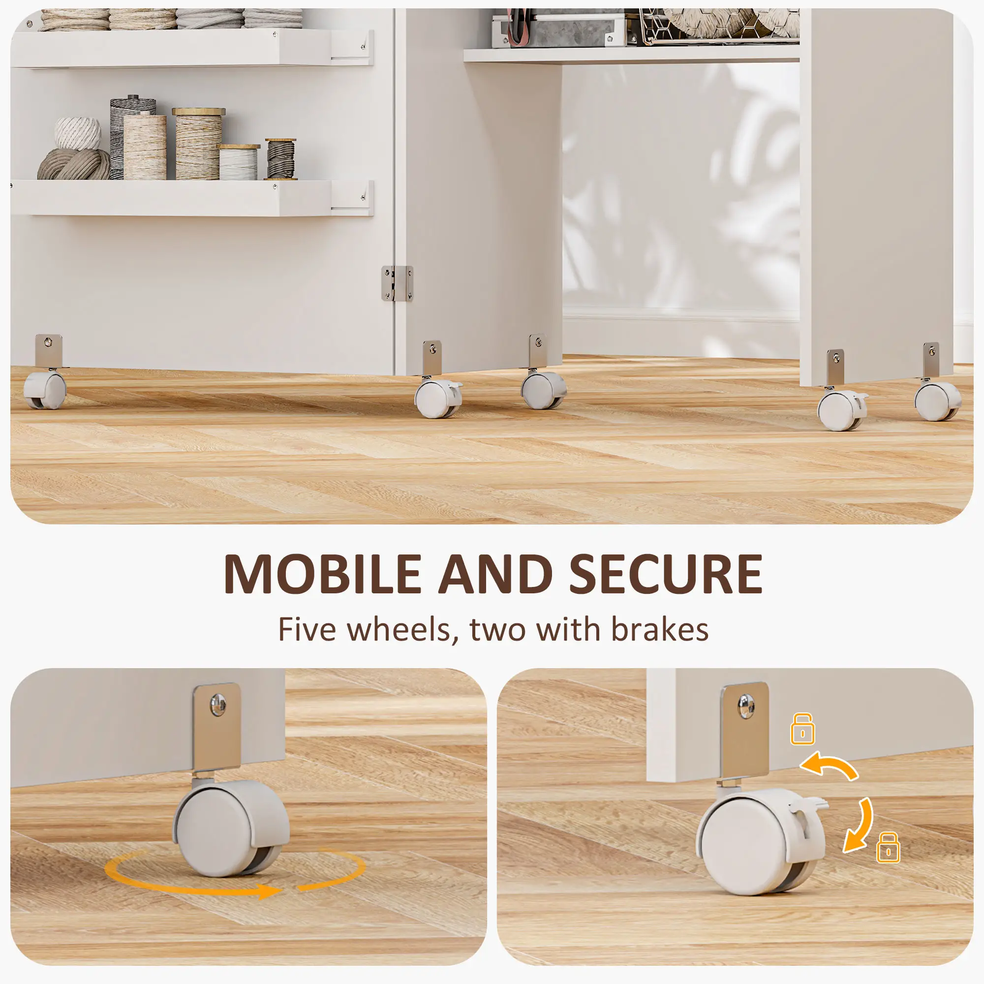 Folding Sewing Table with Storage, Lockable Wheels, White - Image 7
