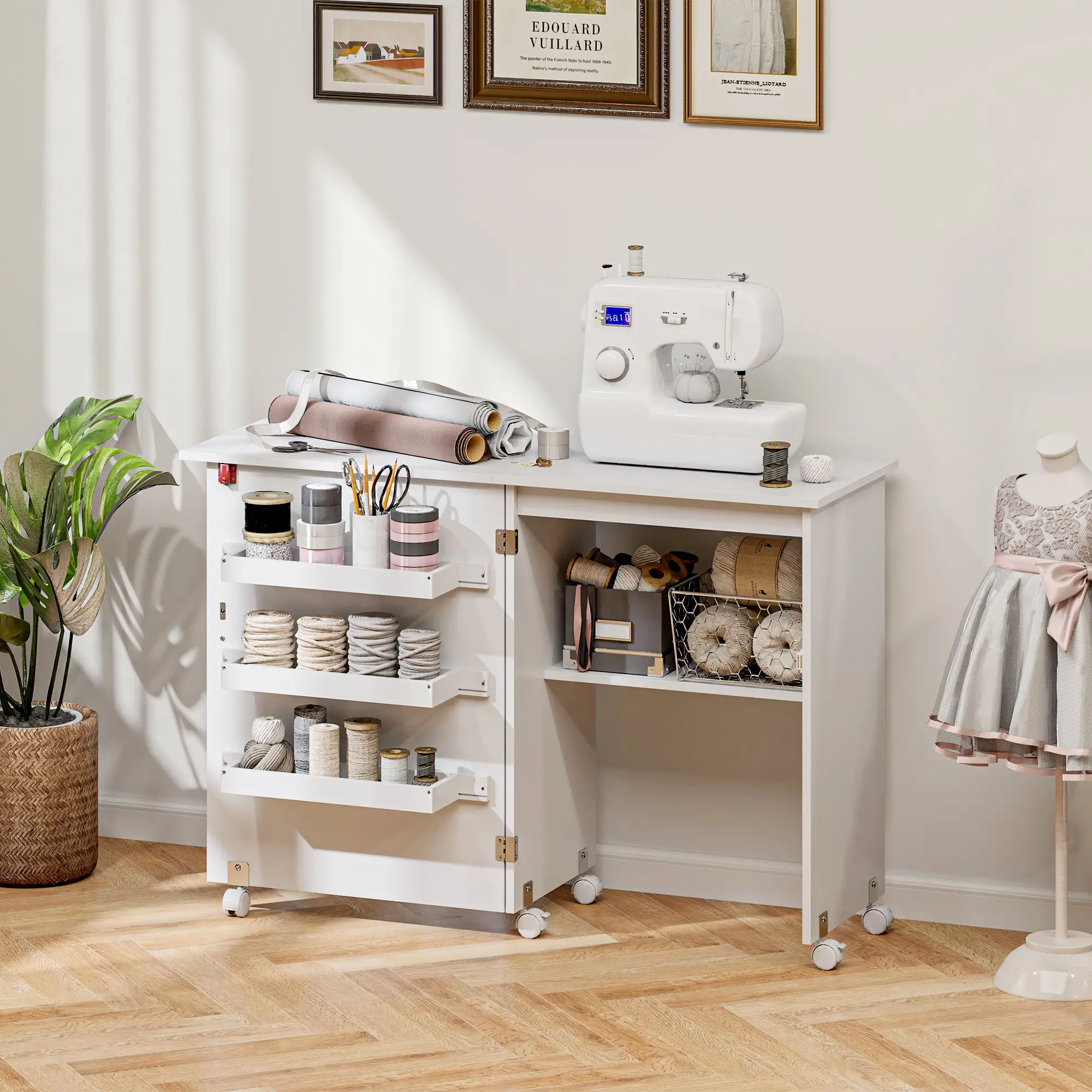 Folding Sewing Table with Storage, Lockable Wheels, White - Image 8