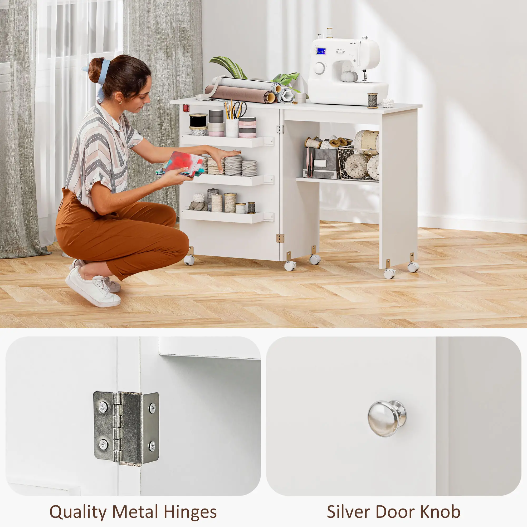 Folding Sewing Table with Storage, Lockable Wheels, White - Image 9