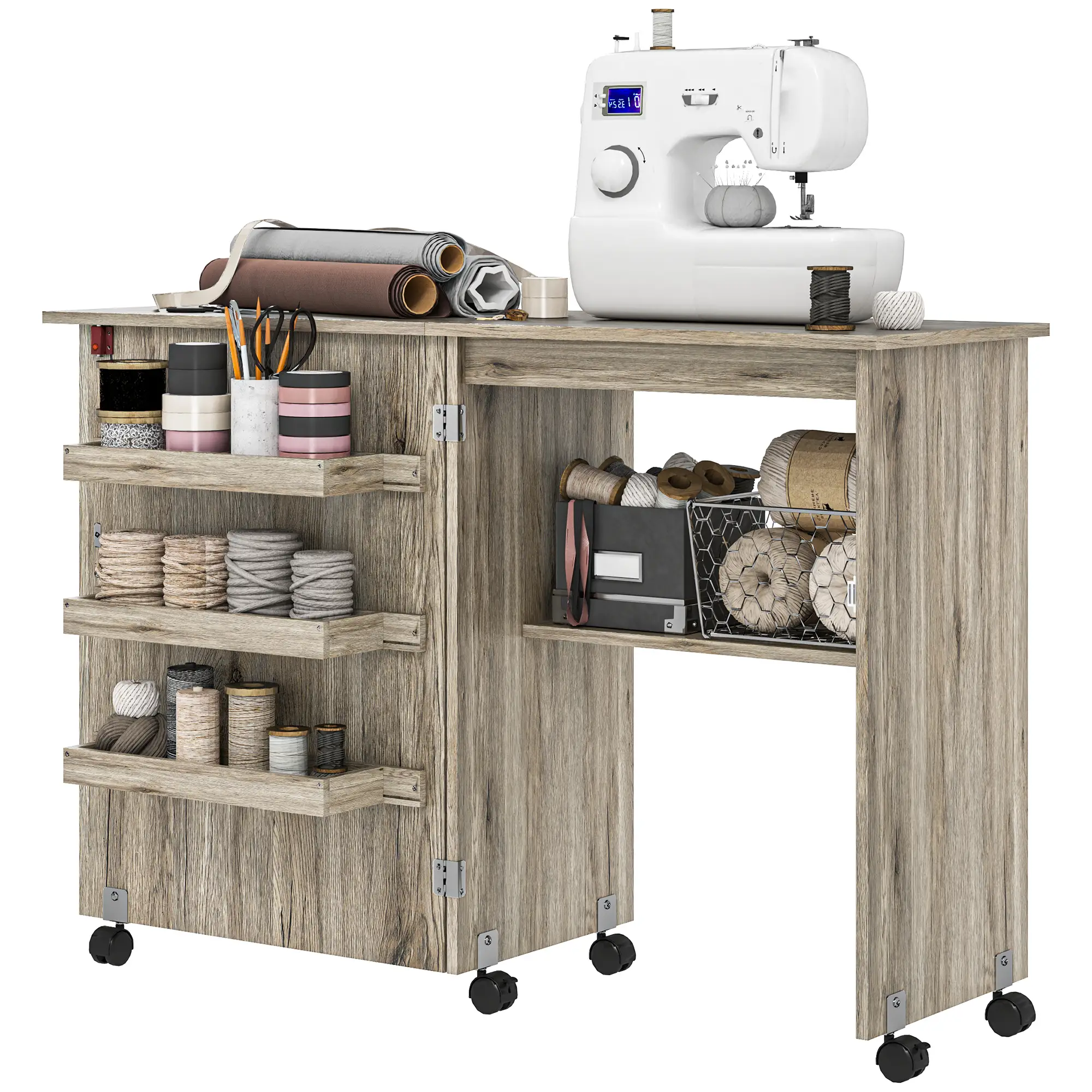 Folding Sewing Table with Storage Shelf, Bins, Lockable Wheels, Grey