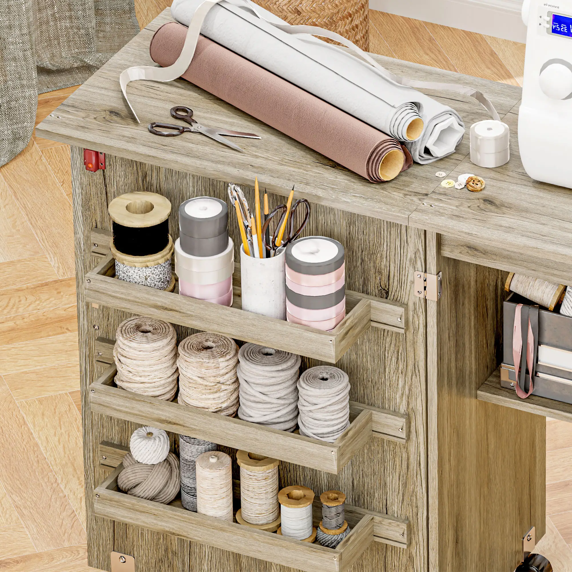 Folding Sewing Table with Storage Shelf, Bins, Lockable Wheels, Grey - Image 10