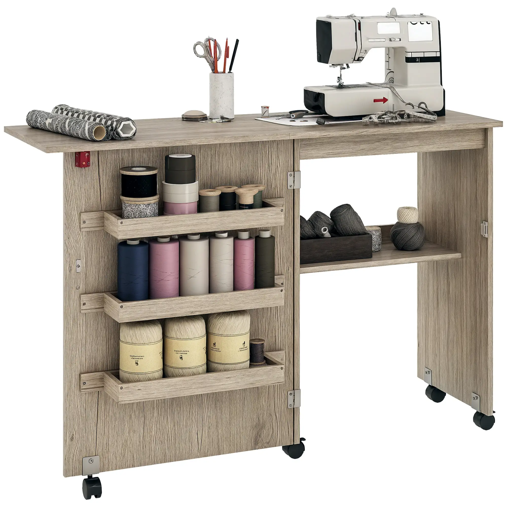 Folding Sewing Table with Storage Shelf, Bins, Lockable Wheels, Grey - Image 11