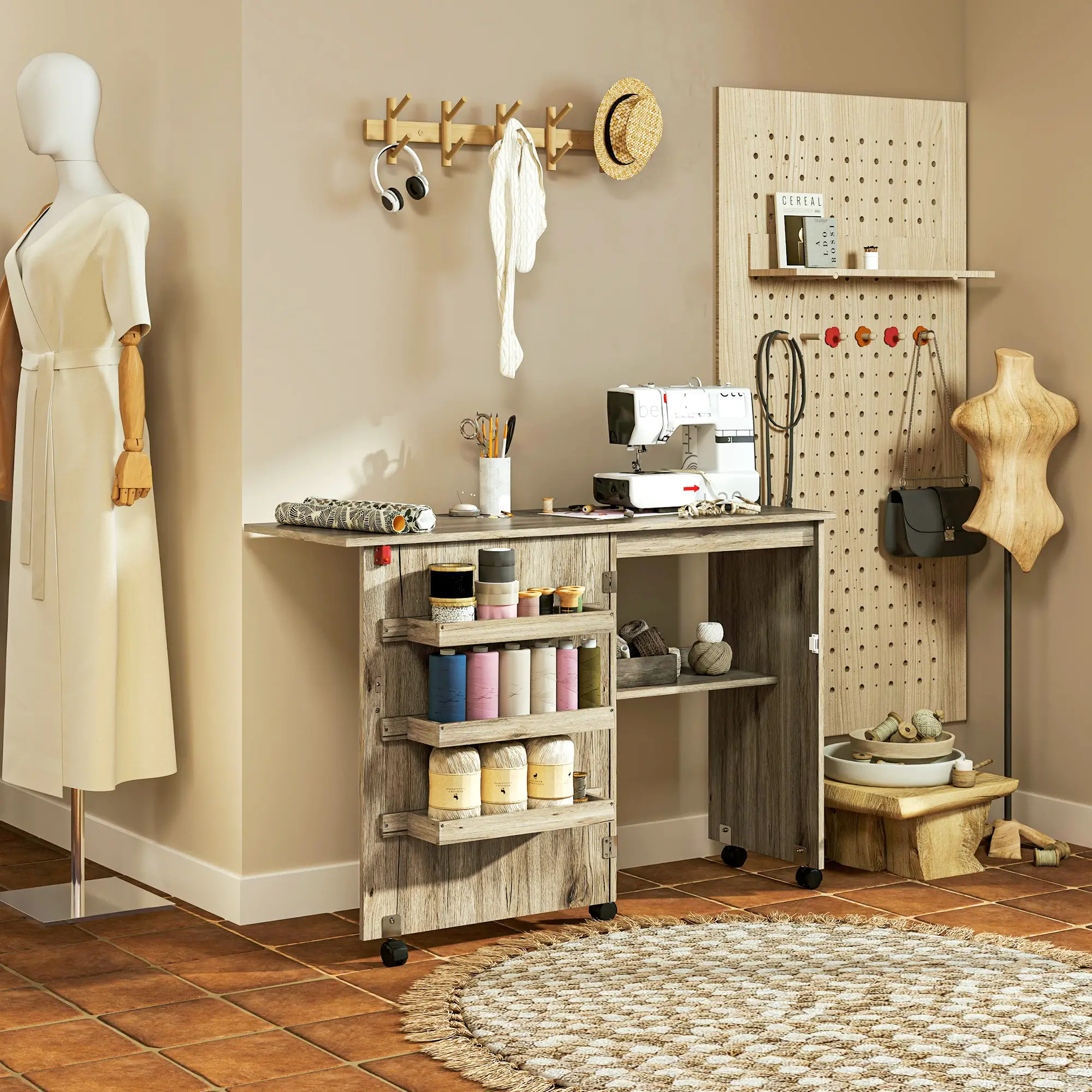 Folding Sewing Table with Storage Shelf, Bins, Lockable Wheels, Grey - Image 2
