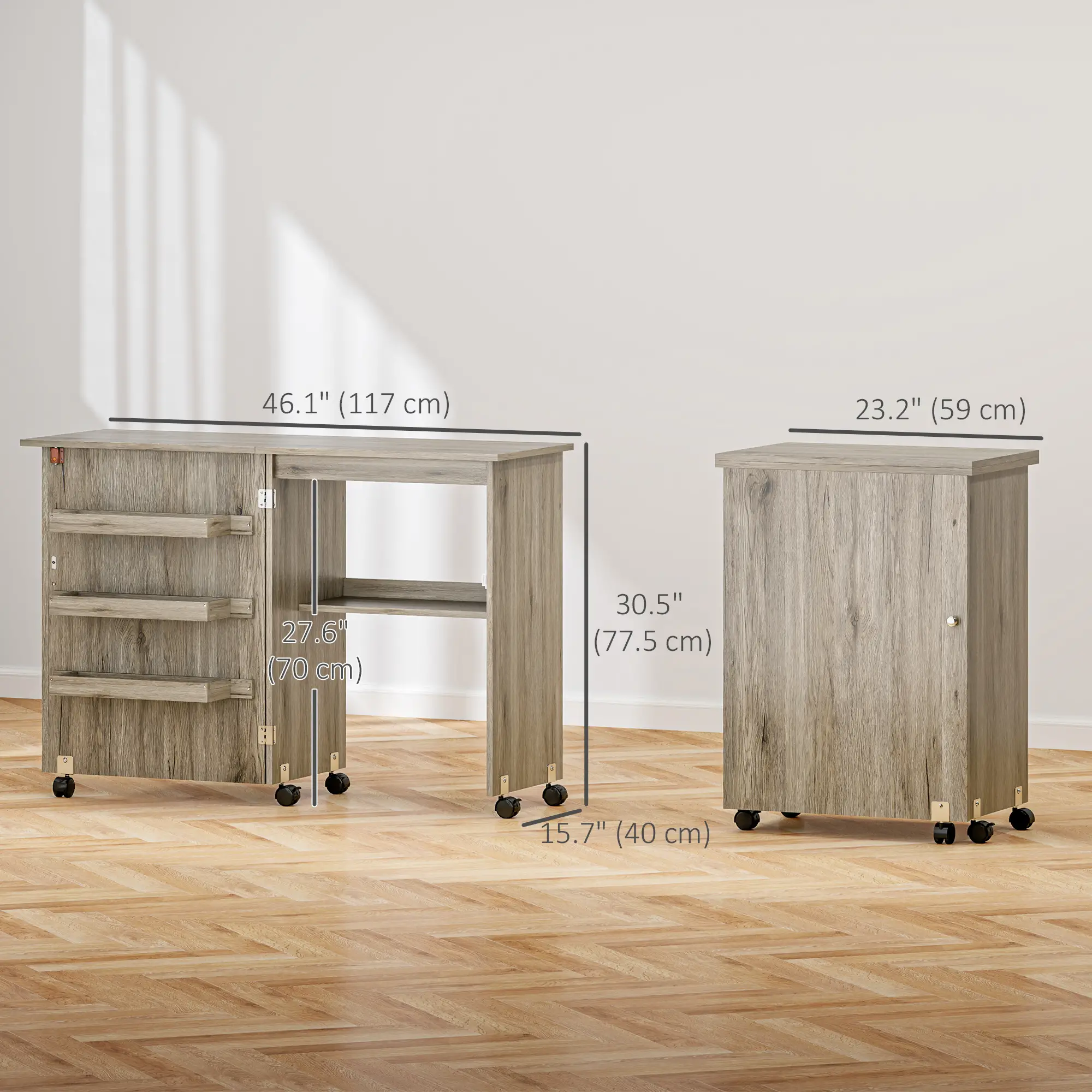 Folding Sewing Table with Storage Shelf, Bins, Lockable Wheels, Grey - Image 3