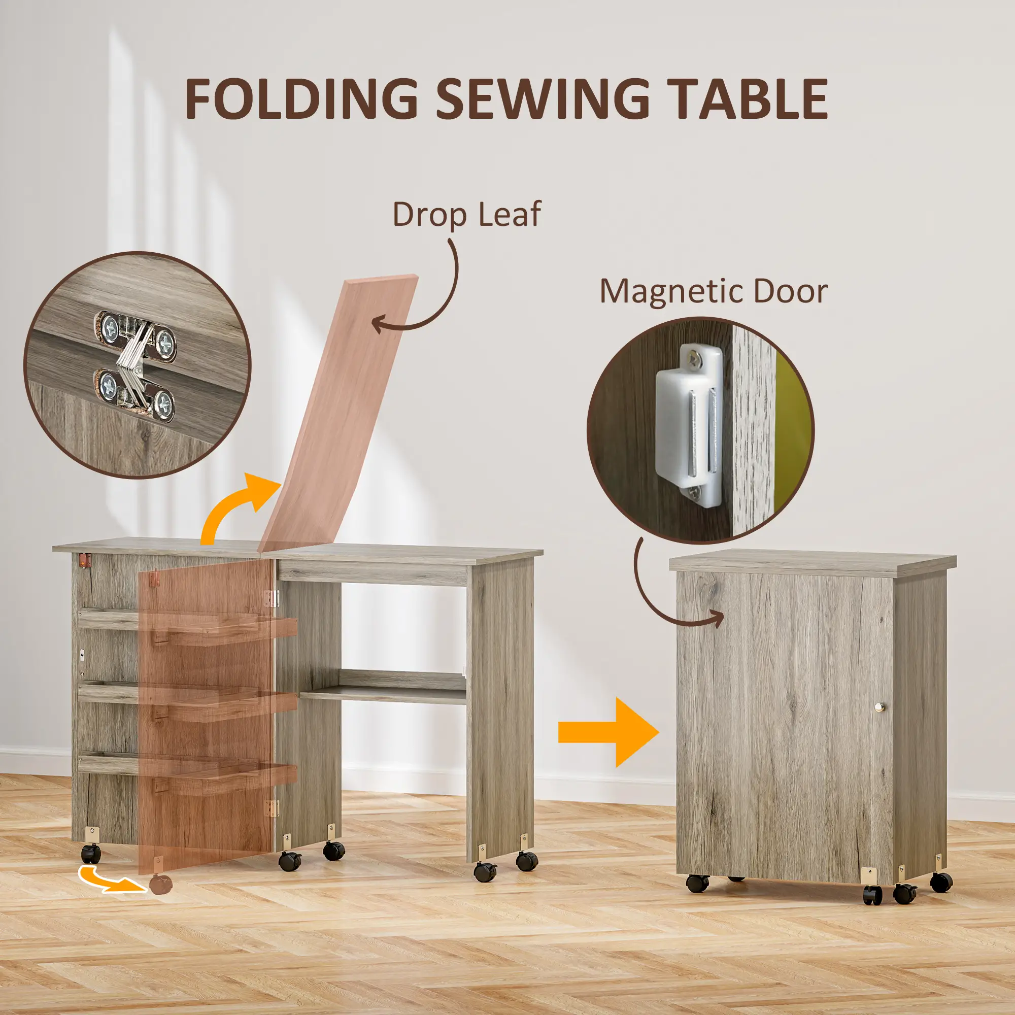 Folding Sewing Table with Storage Shelf, Bins, Lockable Wheels, Grey - Image 4