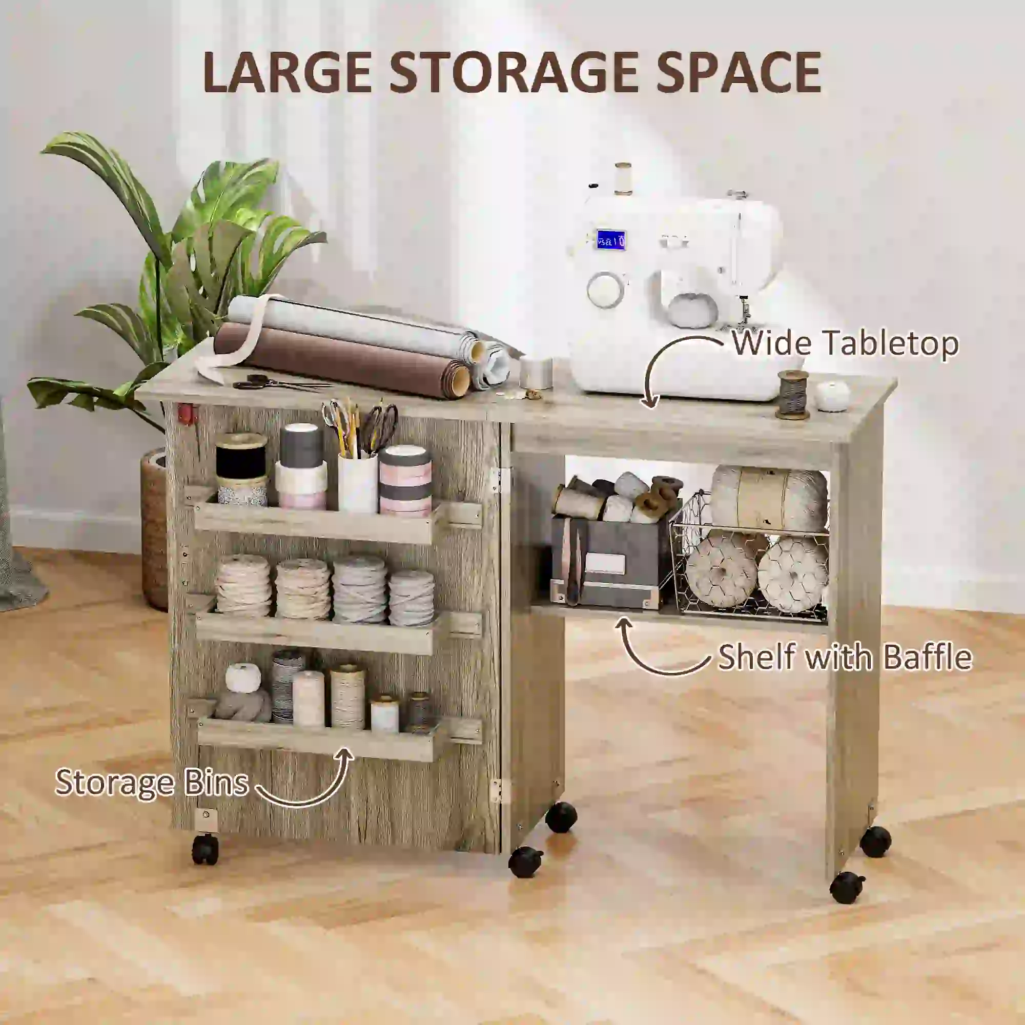 Folding Sewing Table with Storage Shelf, Bins, Lockable Wheels, Grey - Image 5