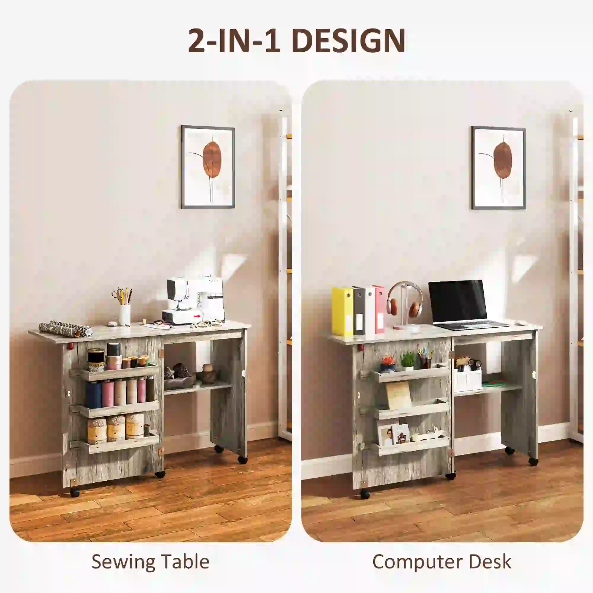 Folding Sewing Table with Storage Shelf, Bins, Lockable Wheels, Grey - Image 6