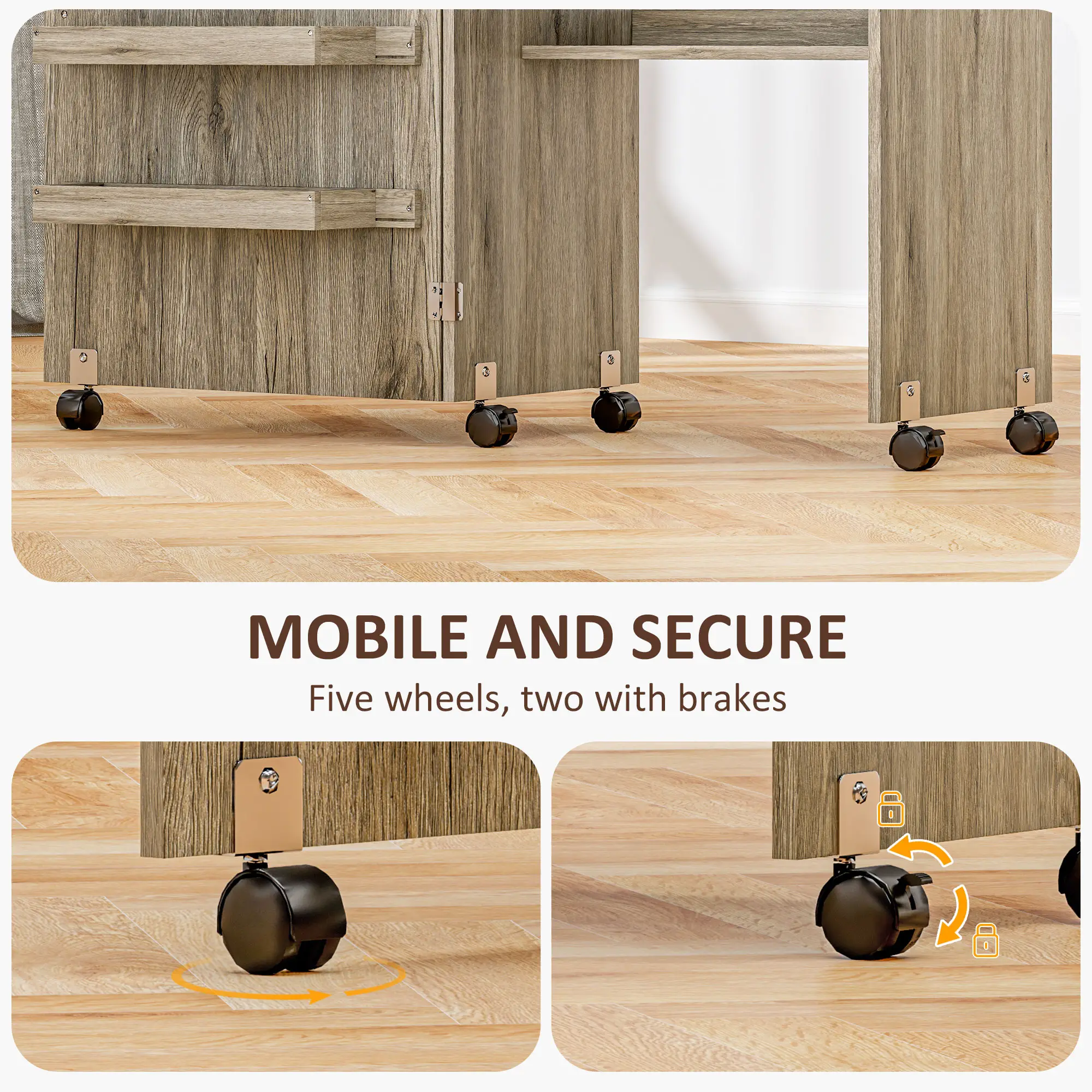 Folding Sewing Table with Storage Shelf, Bins, Lockable Wheels, Grey - Image 7