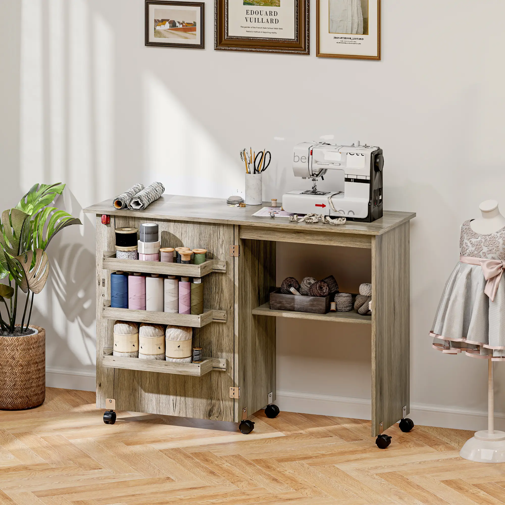 Folding Sewing Table with Storage Shelf, Bins, Lockable Wheels, Grey - Image 8