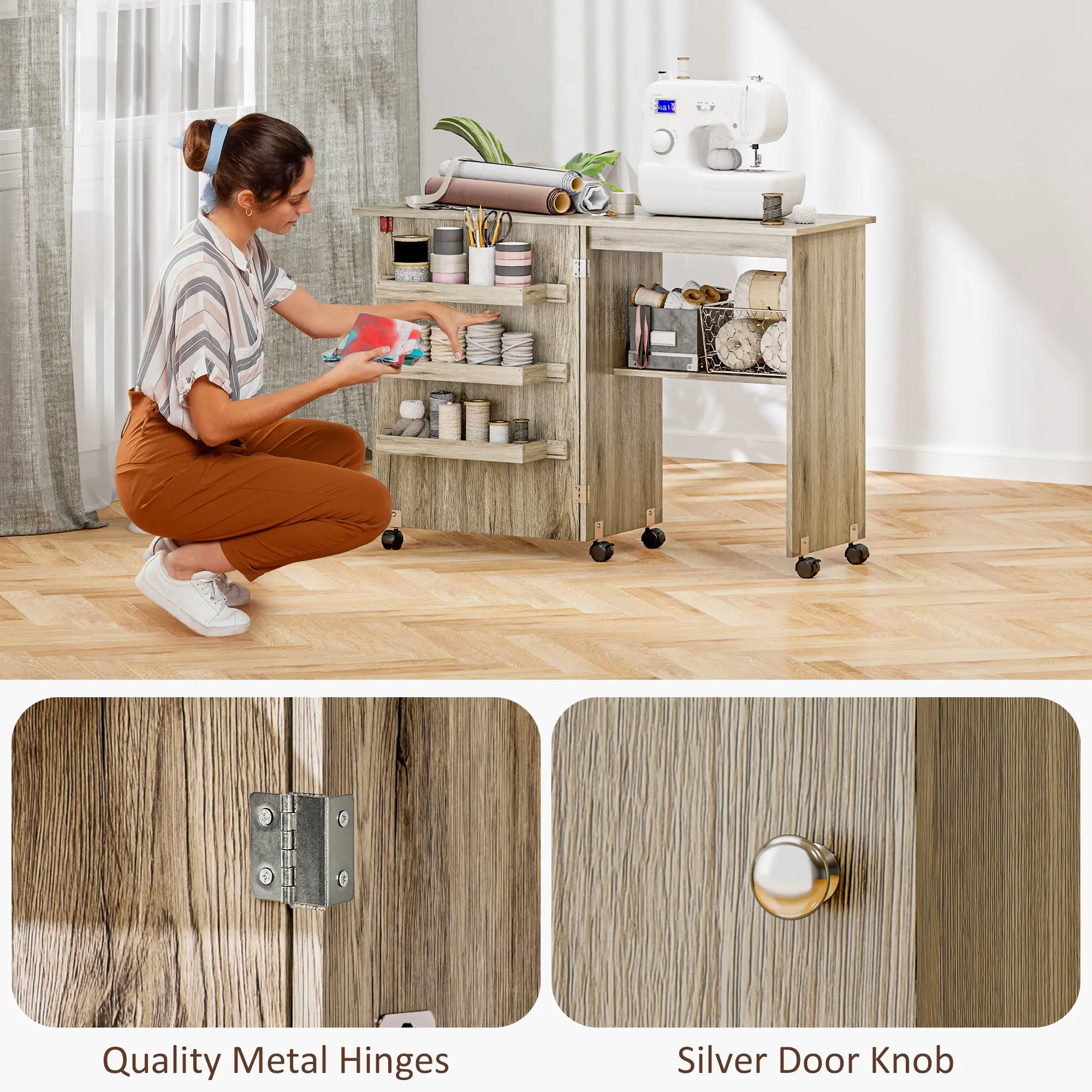 Folding Sewing Table with Storage Shelf, Bins, Lockable Wheels, Grey - Image 9