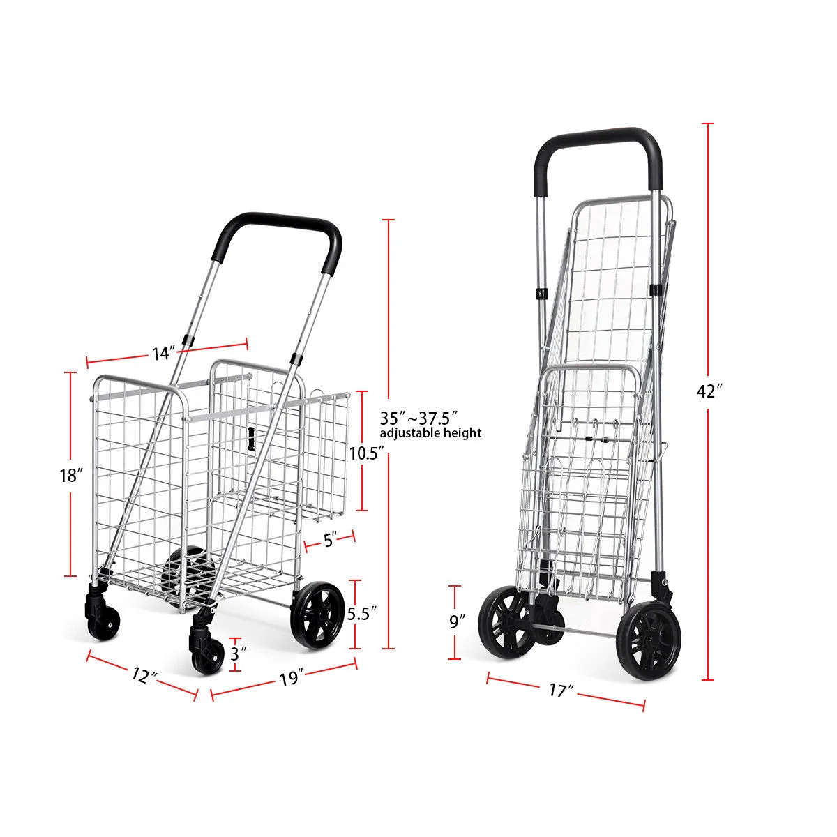 Folding Shopping Cart, Adjustable Handle, Silver - Image 5