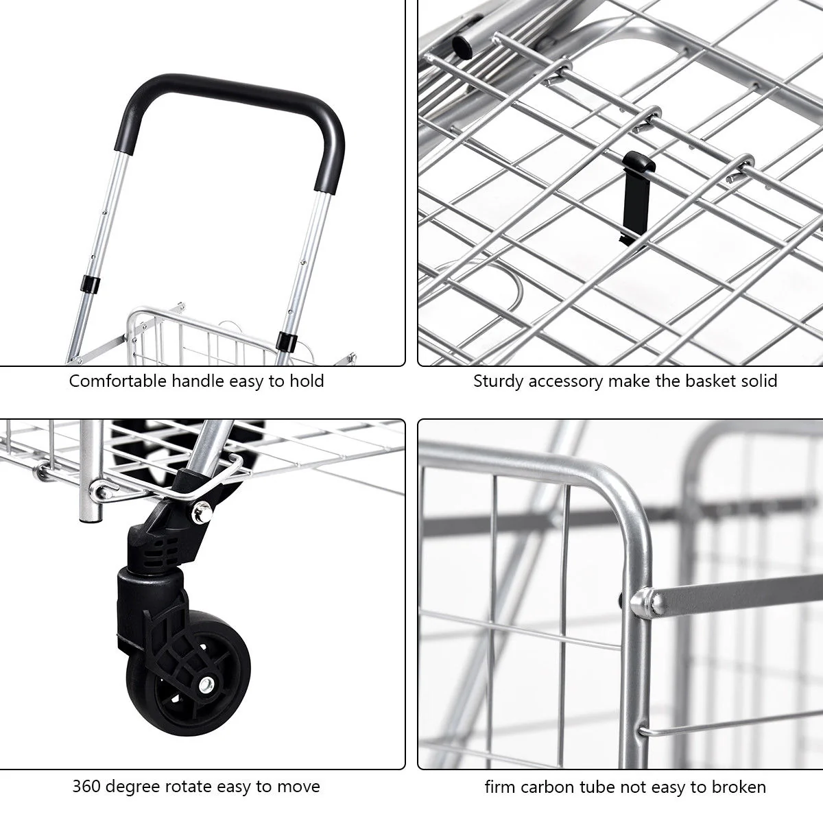 Folding Shopping Cart, Adjustable Handle, Silver - Image 6