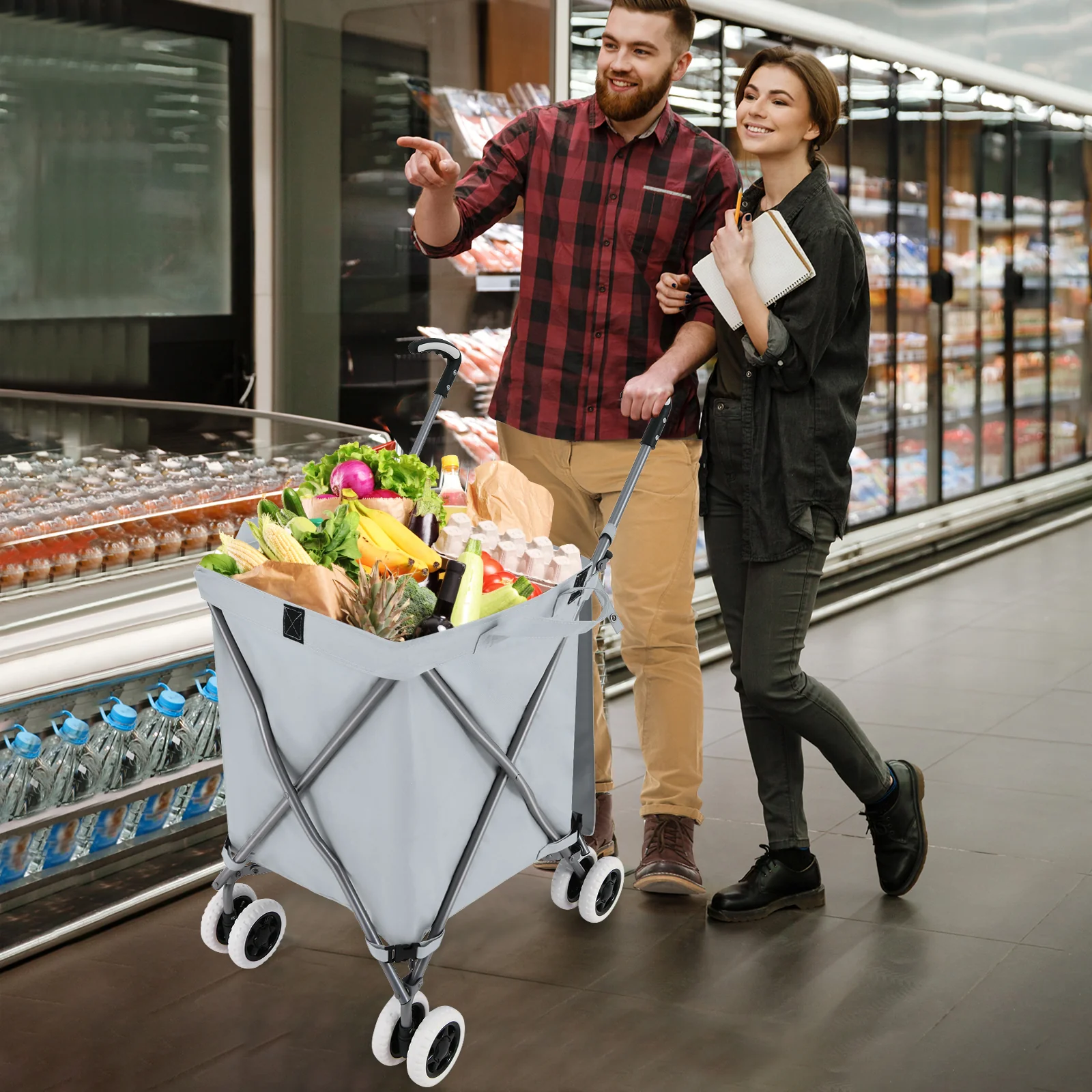 Folding Shopping Cart, Water-Resistant Canvas Bag, Grey - Image 6