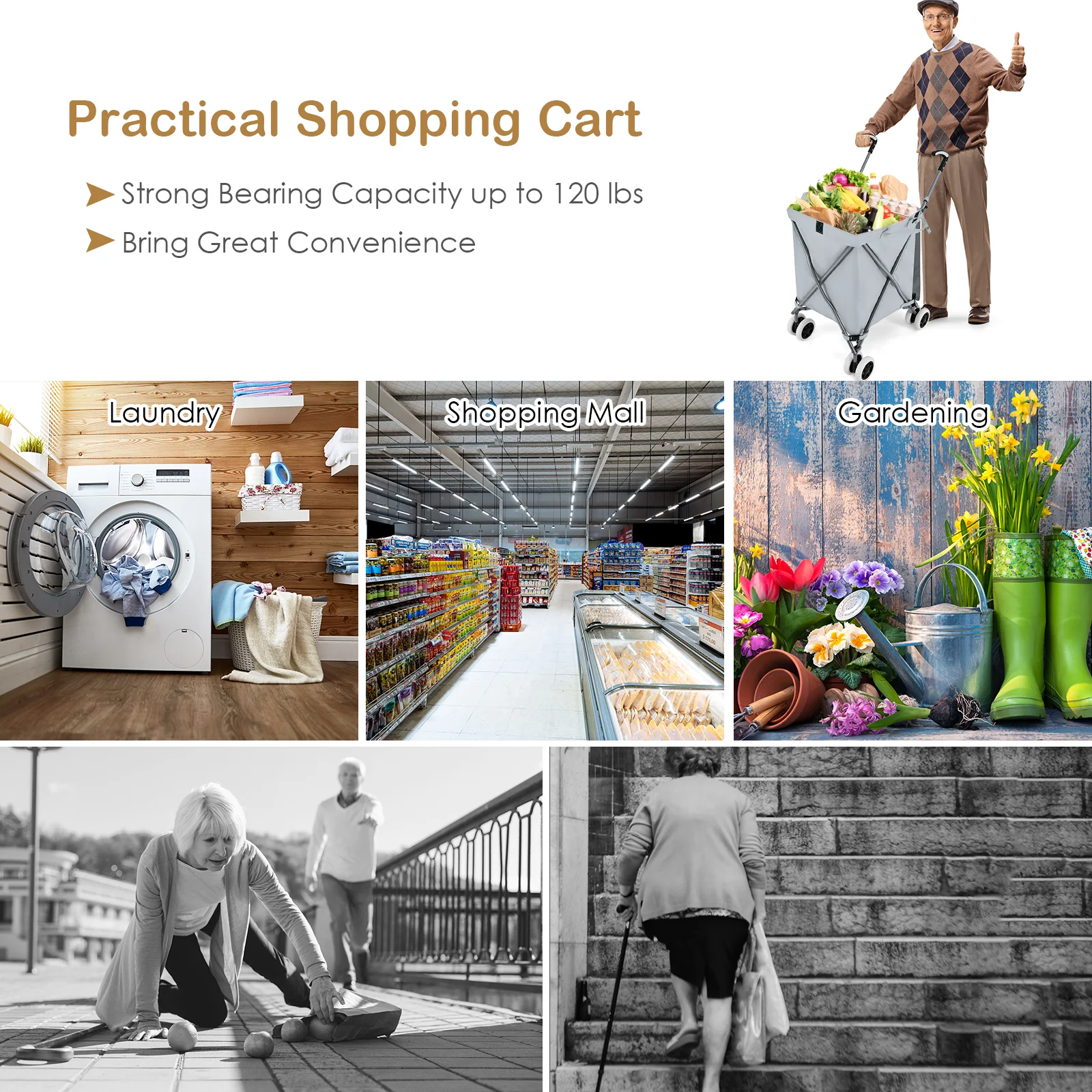 Folding Shopping Cart, Water-Resistant Canvas Bag, Grey - Image 9