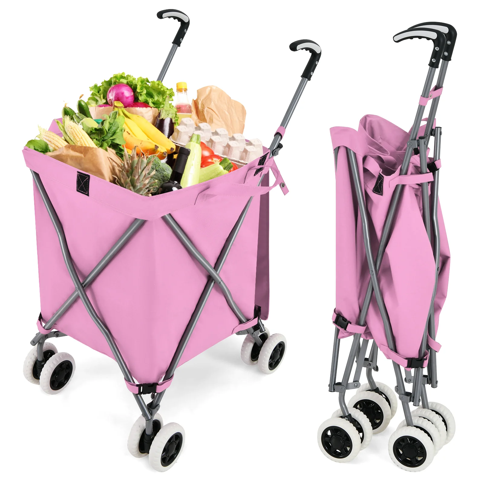 Folding Shopping Cart, Water-Resistant Canvas Bag, Pink